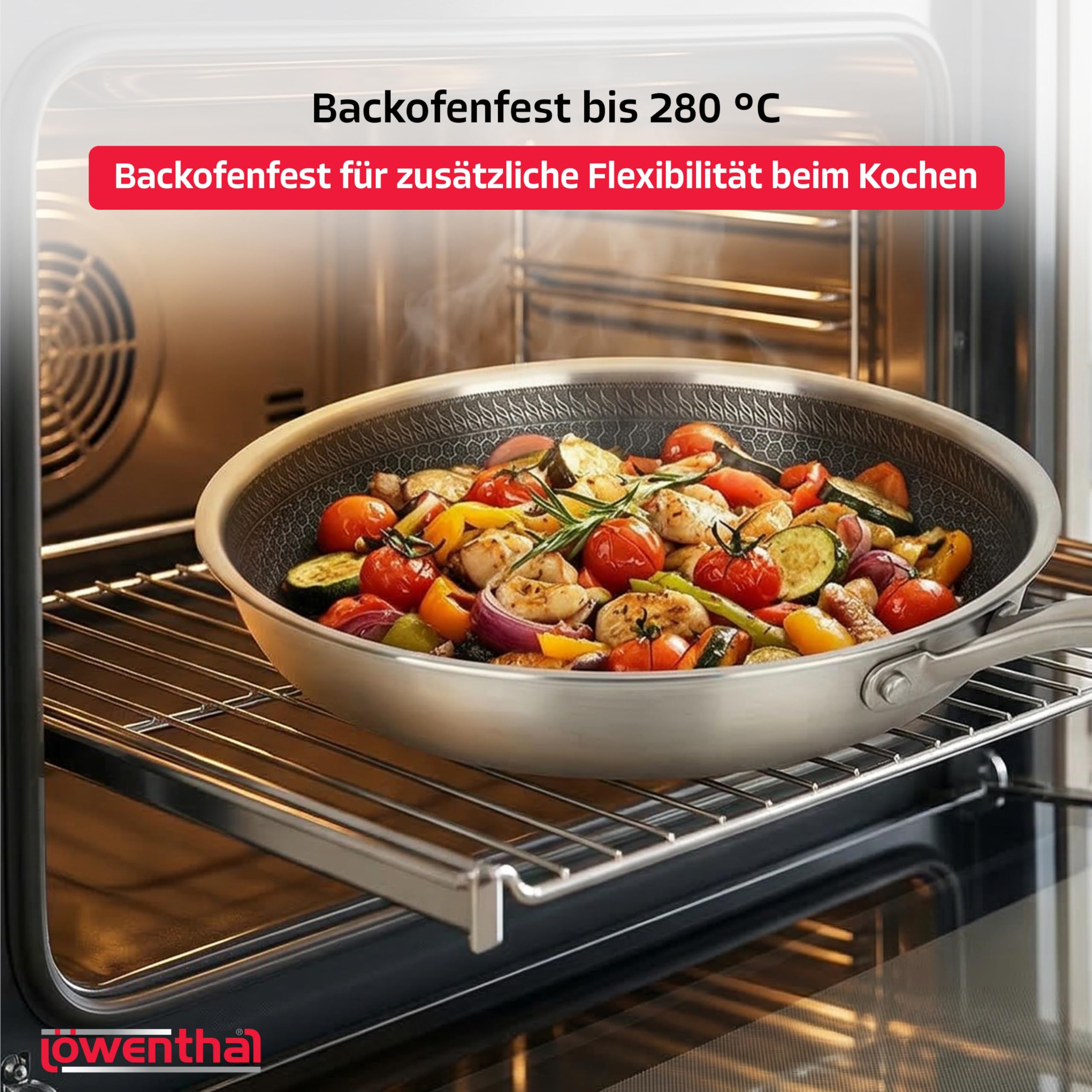 Löwenthal® Bratpfanne 28 cm | Edelstahl Pfanne mit Wabenstruktur | Keramische Antihaftbeschichtung | Kratzfest | PFAS- & PTFE-frei | Induktion alle Herdarten | Spülmaschinenfest | Backofenfest 280°C