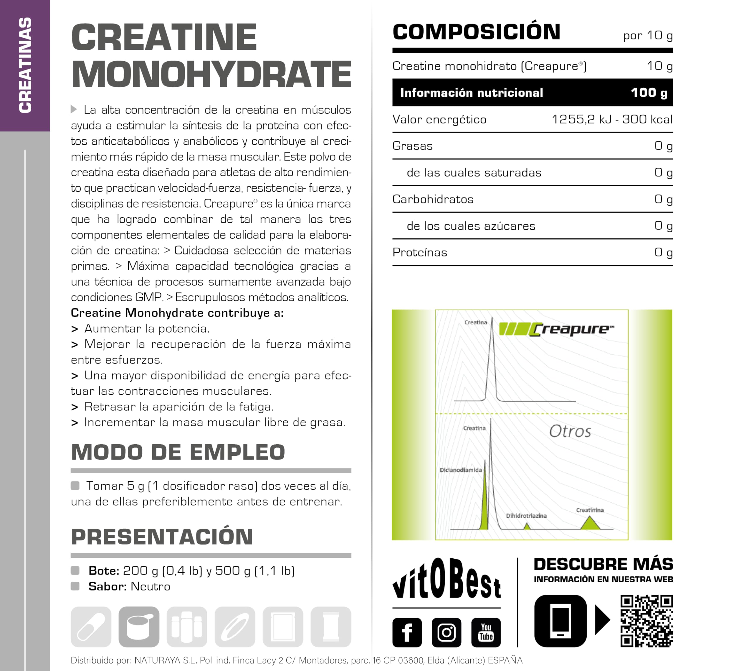 VITOBEST | Creatina Monohidrato (Creapure®) | Una ingesta diaria de 3 g mejora el rendimiento en series sucesivas de ejercicios breves de alta intensidad | Sabor Neutro - 500 g