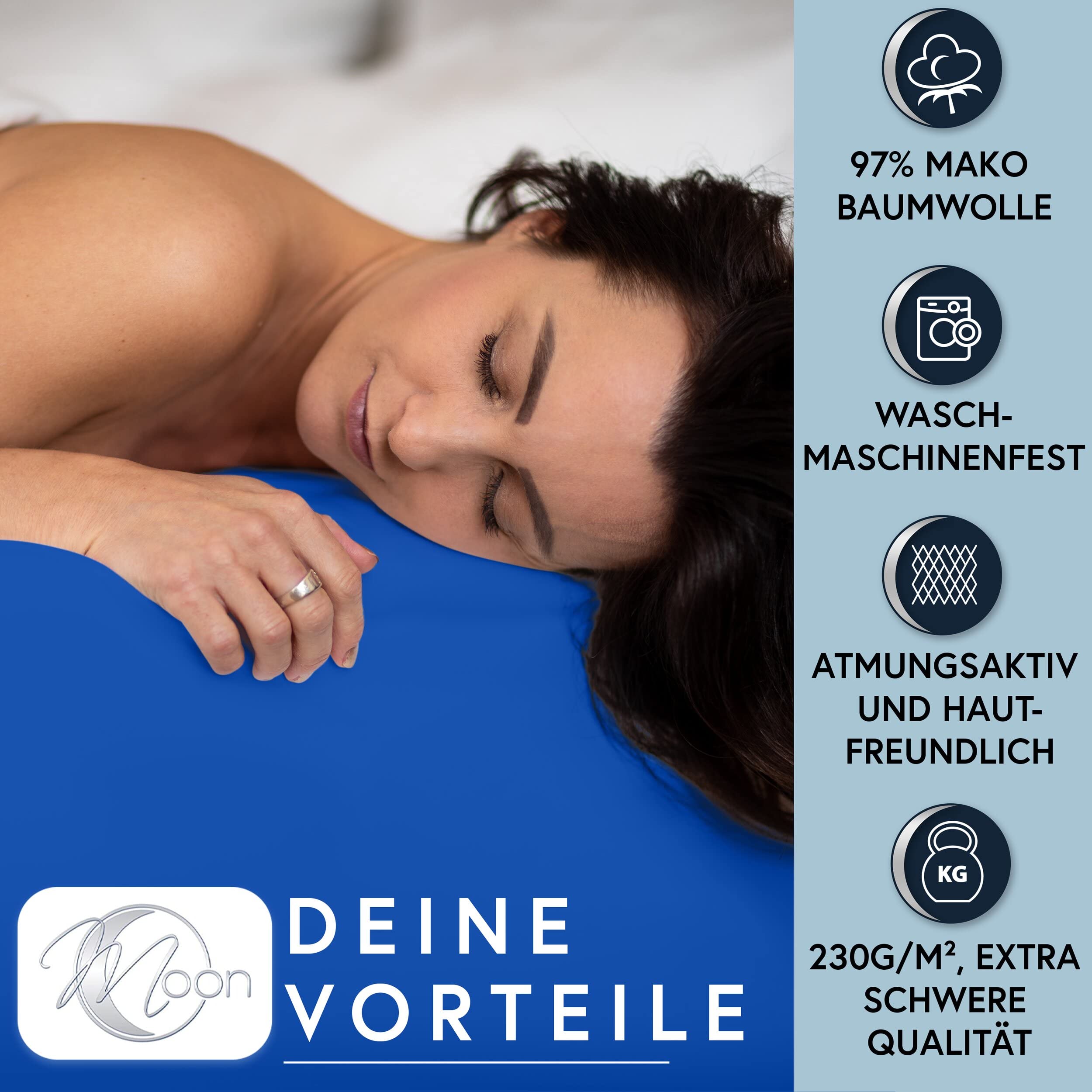 Moon -Luxury Prześcieradło z gumką, dżersej, 230 g/m², do łóżek wodnych, łóżek kontynentalnych i tradycyjnych materacy (błękit królewski, 200 x 220 – 220 x 240 cm)