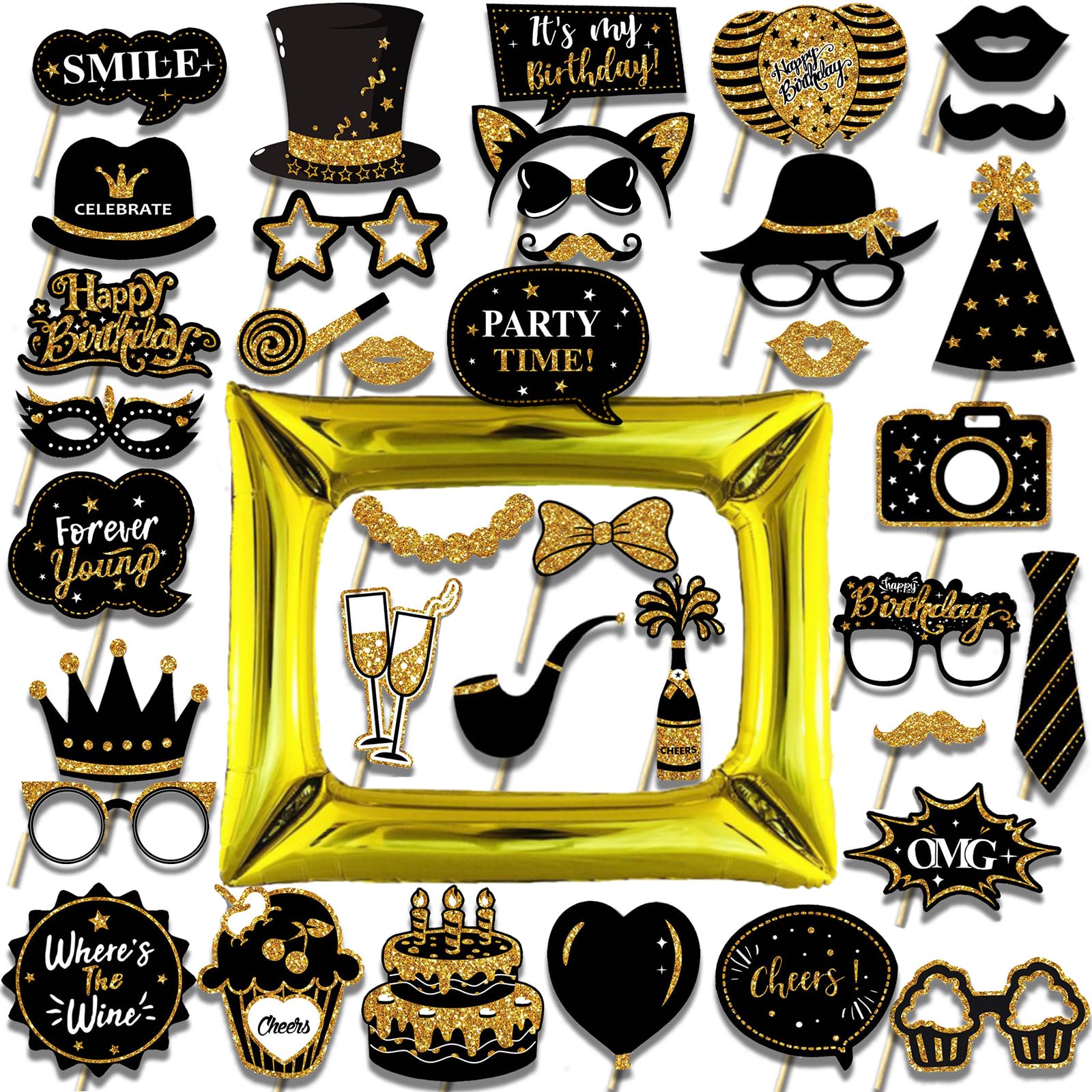 Veroa Black Gold 38Pcs Birthday Party Photo Booth Props - Inflatable Partys Props Photo Booth Frame For Birthday,Holiday,Theme Party,Wedding