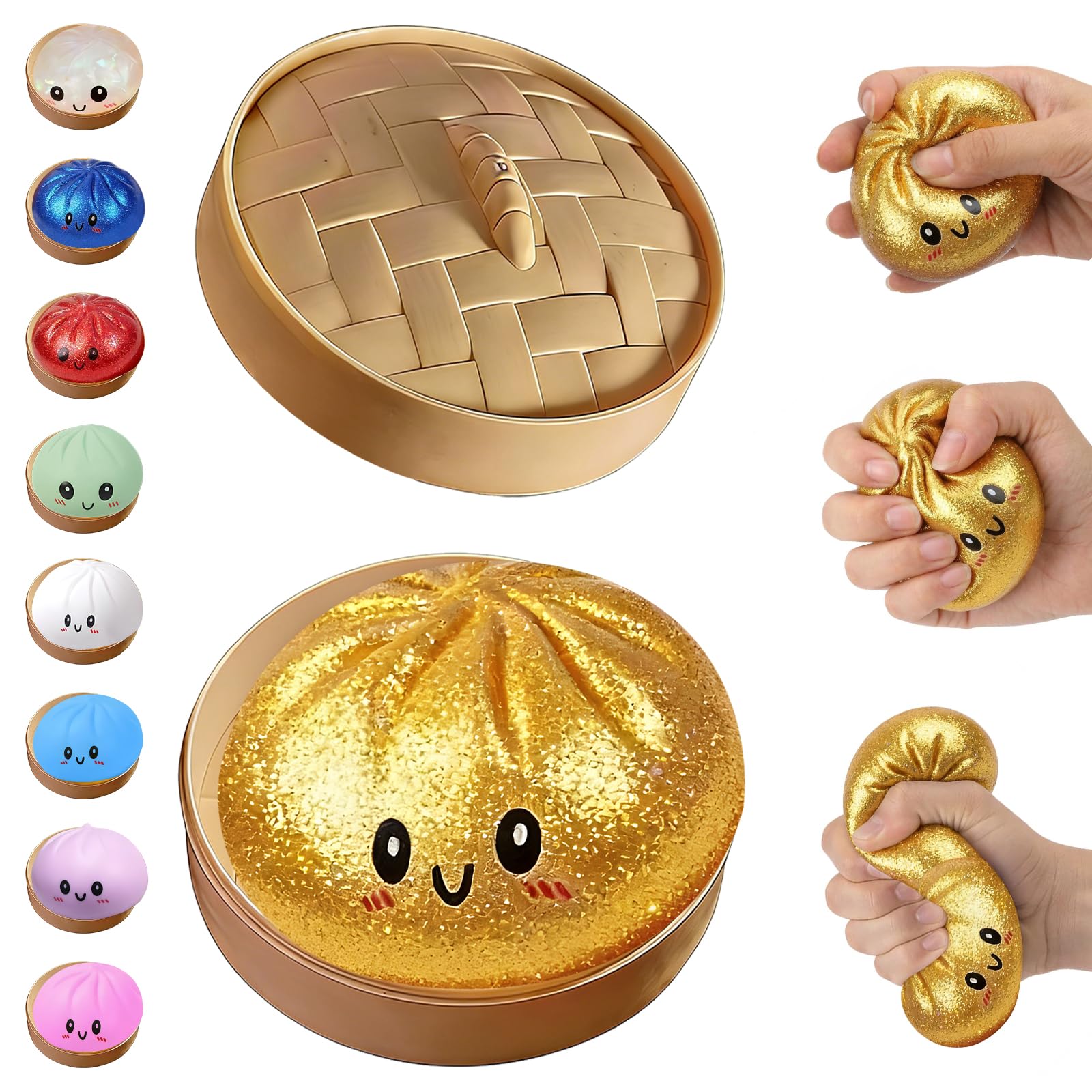 BCBU Glitter Dumpling Squishy,Dumpling Squishies,Glitter Dumpling Mystery Box,Colorful Dumpling Stress Balls Fidget,Jumbo Squishy Toy with Steamer Box,Soft Squeeze Decompression Dough (Glitter White) — view 7