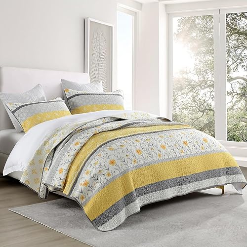 Miniatura 4 de PANGUSHAN Juego de edredón de 100 % algodón, tamaño King, juego de ropa de cama tamaño King, reversible, floral, color amarillo, colcha acolchada,