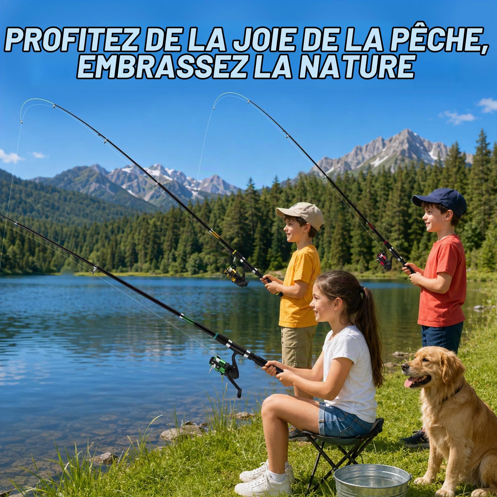 Lot de 3 cannes à pêche télescopiques pour enfants - Avec moulinet 5.2:1 - Accessoires - Boîte à appâts - Sac de transport - Kit de démarrage pour débutant - Pour eau douce et eau salée - 1,8 m