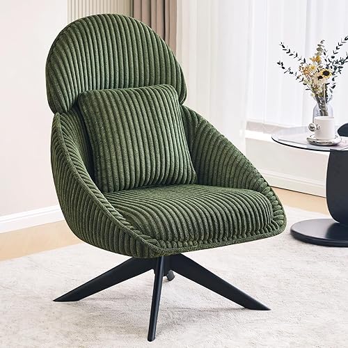 Furniliving Upholstered Swivel Accent Chair for Living Room, Modern Armchair Side Chair with Headrest Bedroom Chair with Metal Legs Comfy Sofa Chairs with Pillow, Large, Corduroy, Green - Green