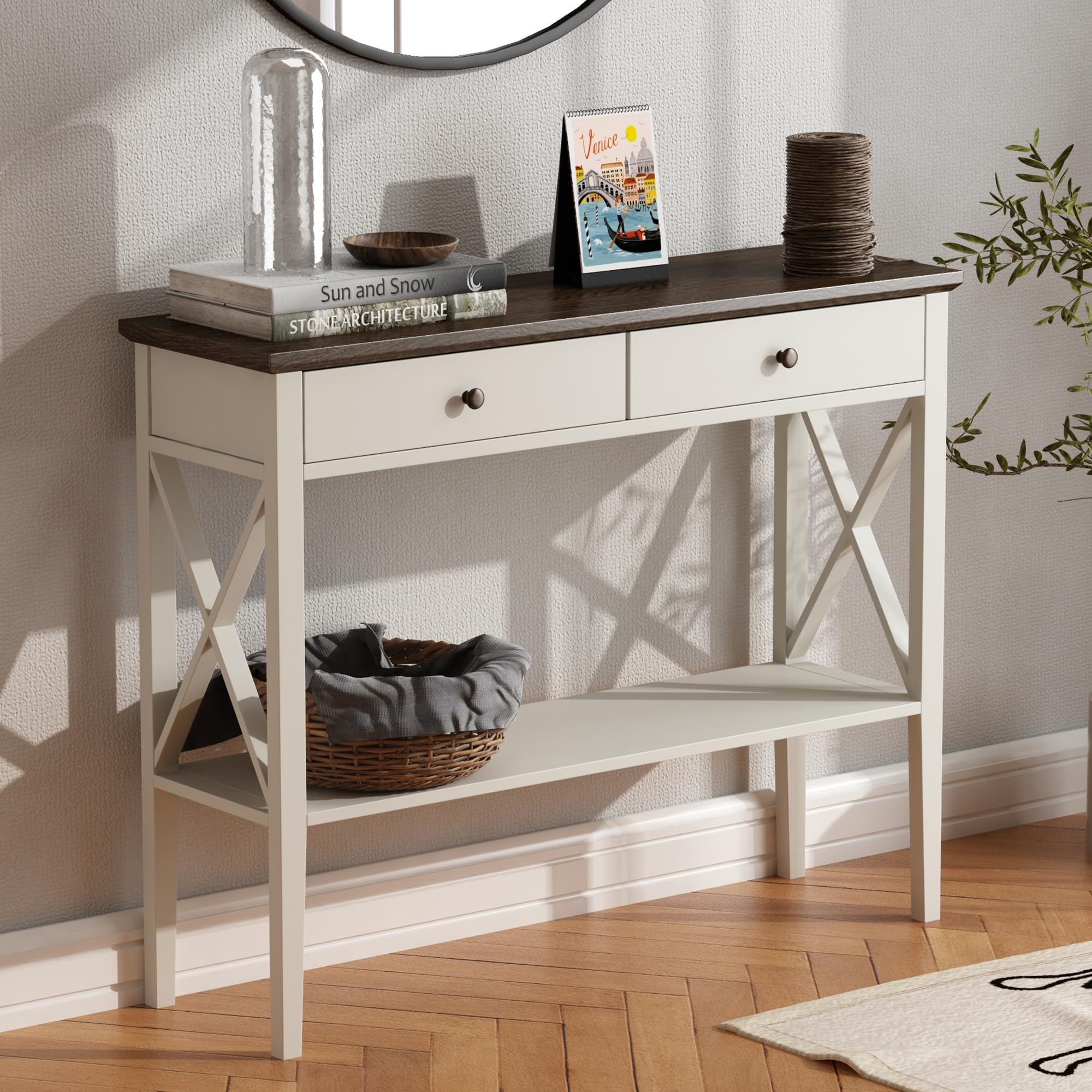 ChooChoo Farmhouse Console Table with Drawers, Narrow Wood Accent Sofa Table Entryway Table with Storage Shelf for Entryway, Front Hall, Hallway, Living Room, Antique White & Brown