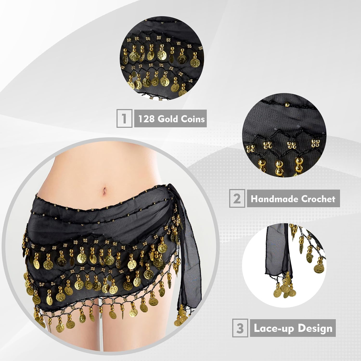 MOLFUJ Belly Dance Hip Scarf with 128 Gold Coins, Belly Dancer Belt Scarf Skirt for Women - Image 4