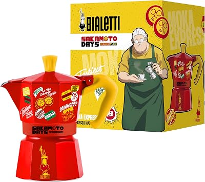 Bialetti Sakamoto Days Moka Express Red, 3 Cup Direct Fire Coffee Maker, Espresso Maker, Moka Pot