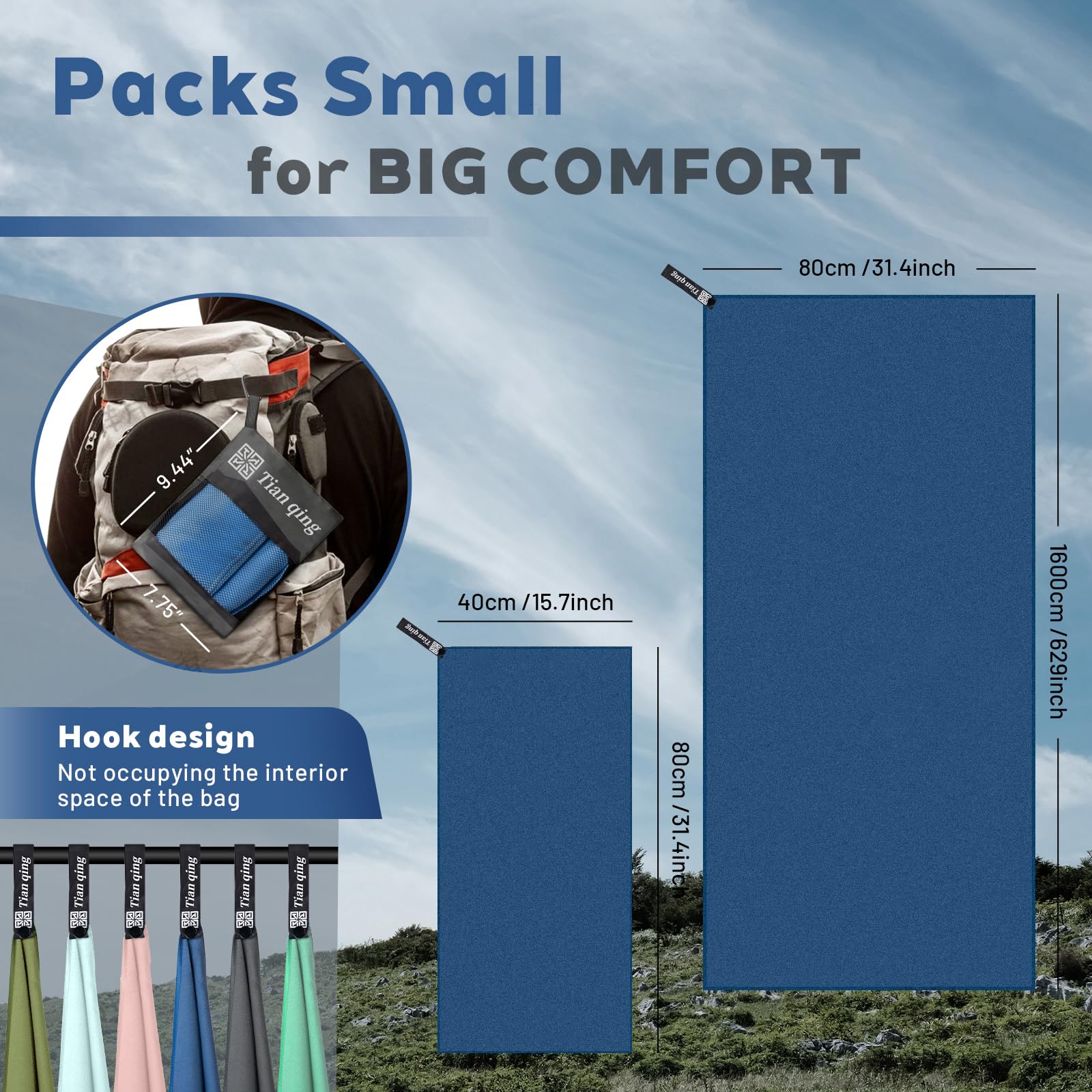 Tian qing Microfiber Towel Set, 2 Pieces, Fast Drying, Soft Touch, Lightweight, Multiple Sizes for Beach, Camping, Gym, Hiking, Pool, Yoga,Travel (Dark Blue, Medium)