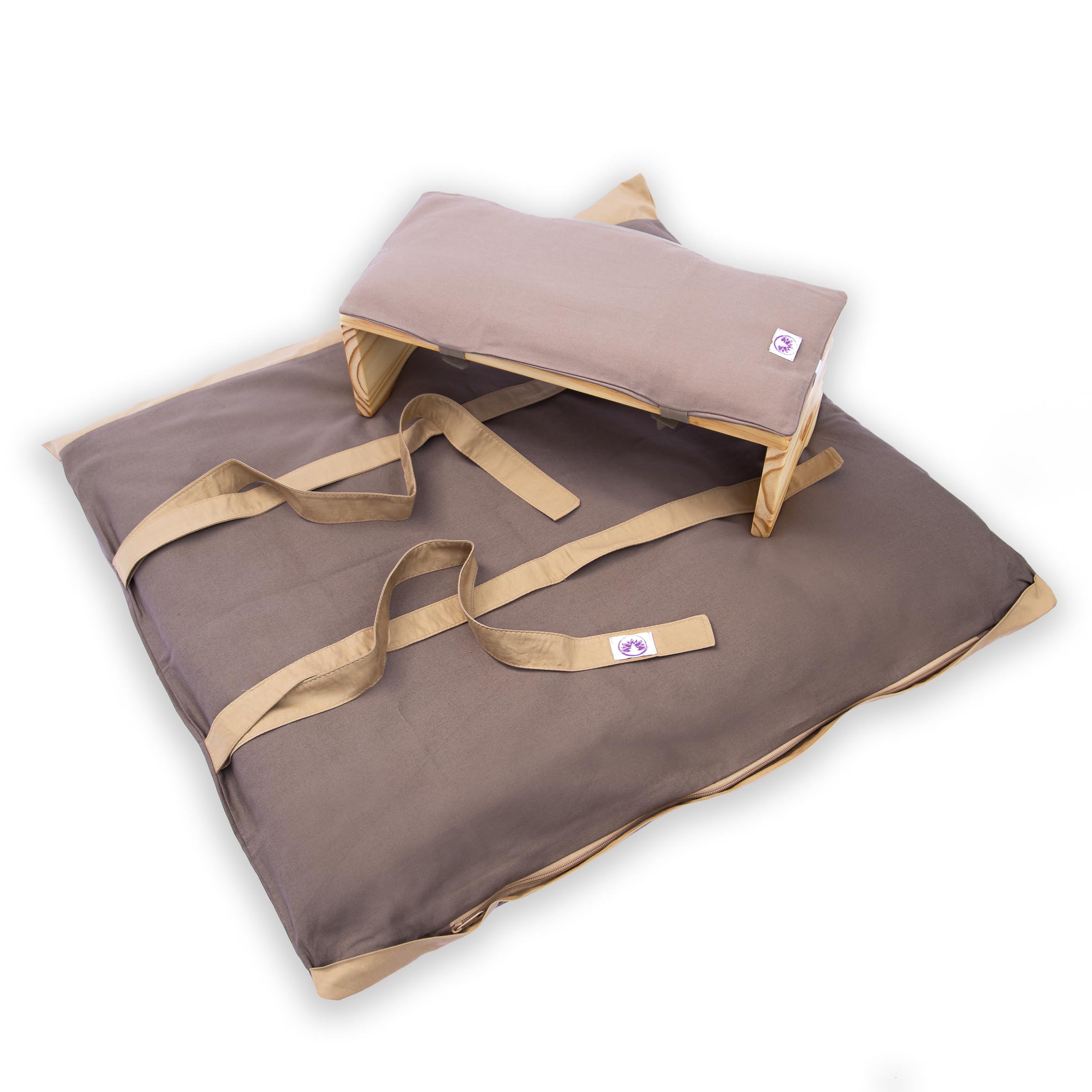 Set da Meditazione con Panca Seiza e Tappetino Zabuton ecologico artigianale in cotone naturale e legno d'abete