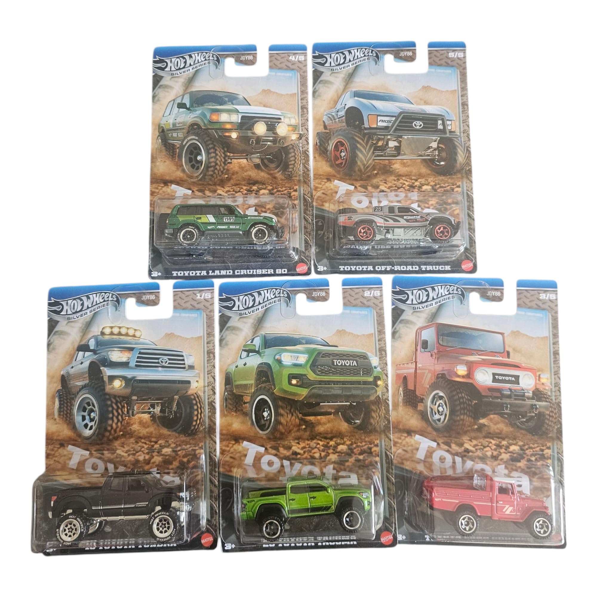 Hot Wheels Silver Series Toyota Off-Road Collection, Complete Set of 5 Die-Cast Cars, Land Cruiser and Trucks