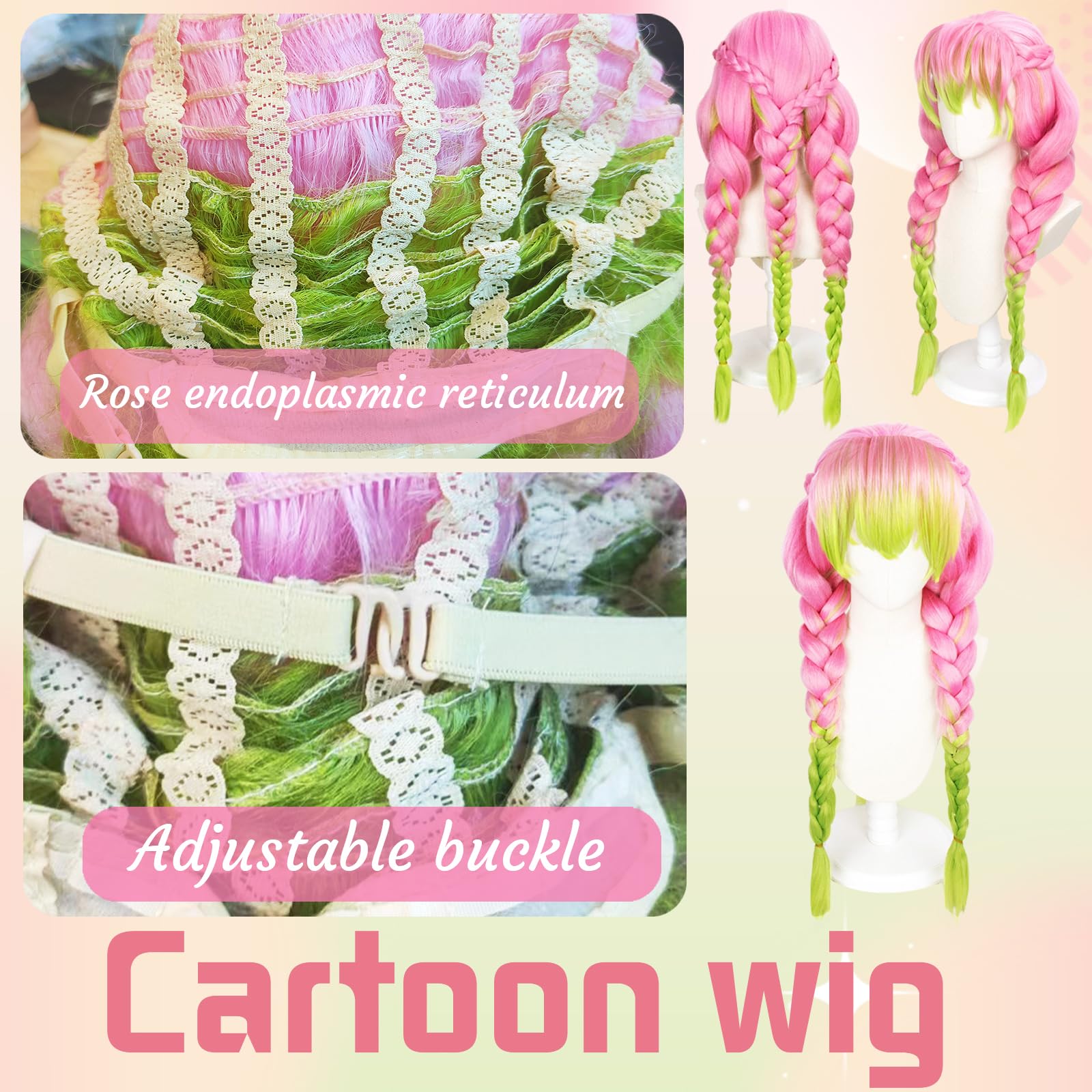 Anime Kanroji Mitsuri Cosplay Peluca, Pelucas Mujer con Flequillo, Peluca de Cabaret para Cosplay Fiestas Carnaval Halloween