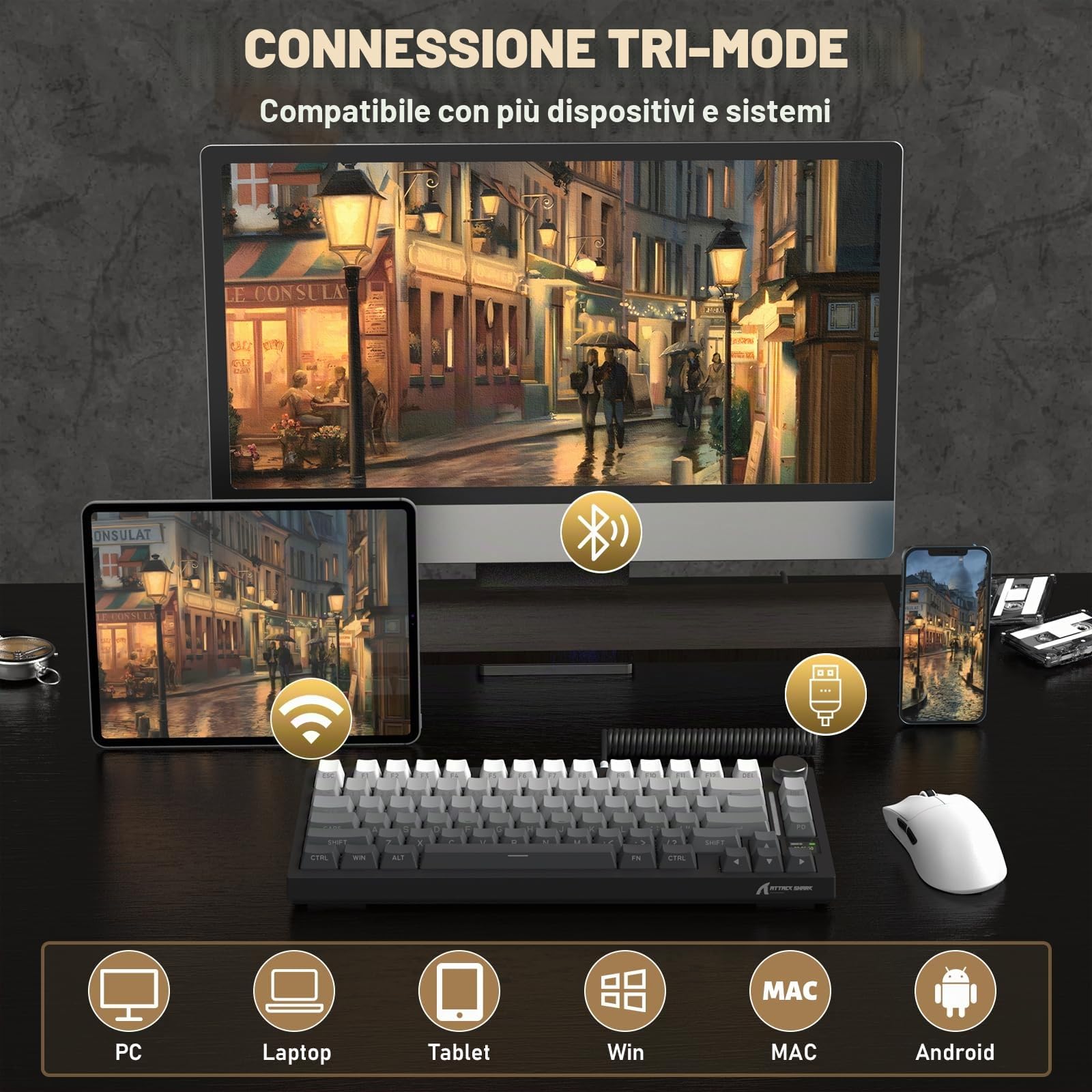 A.JAZZ X ATTACK SHARK X820Ultra Tastiera Meccanica Wireless & Cavo Avvolto | 2.4G/BT/USB-C Cablato, Layout 75% 80 Tasti con Display TFT a Colori & Manopola CNC, RGB Hot-Swap, 4000mAh-Nero/Shark Switch