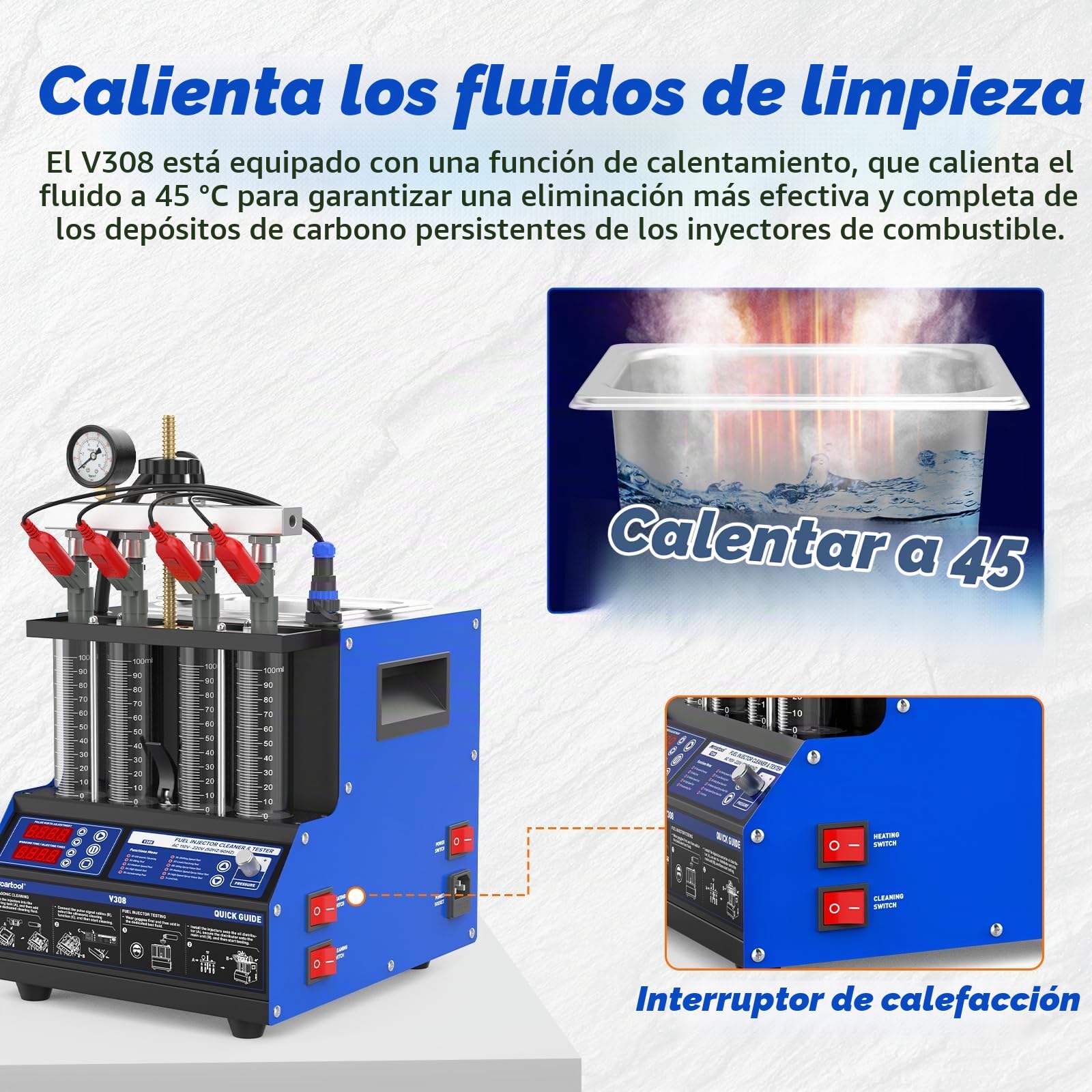 BELEY Limpiador de inyectores ultrasónicos de 220 V y dispositivo de prueba con función de calefacción, limpiador de inyectores de combustible con 10 funciones de prueba, pantalla LED y adaptador de 4