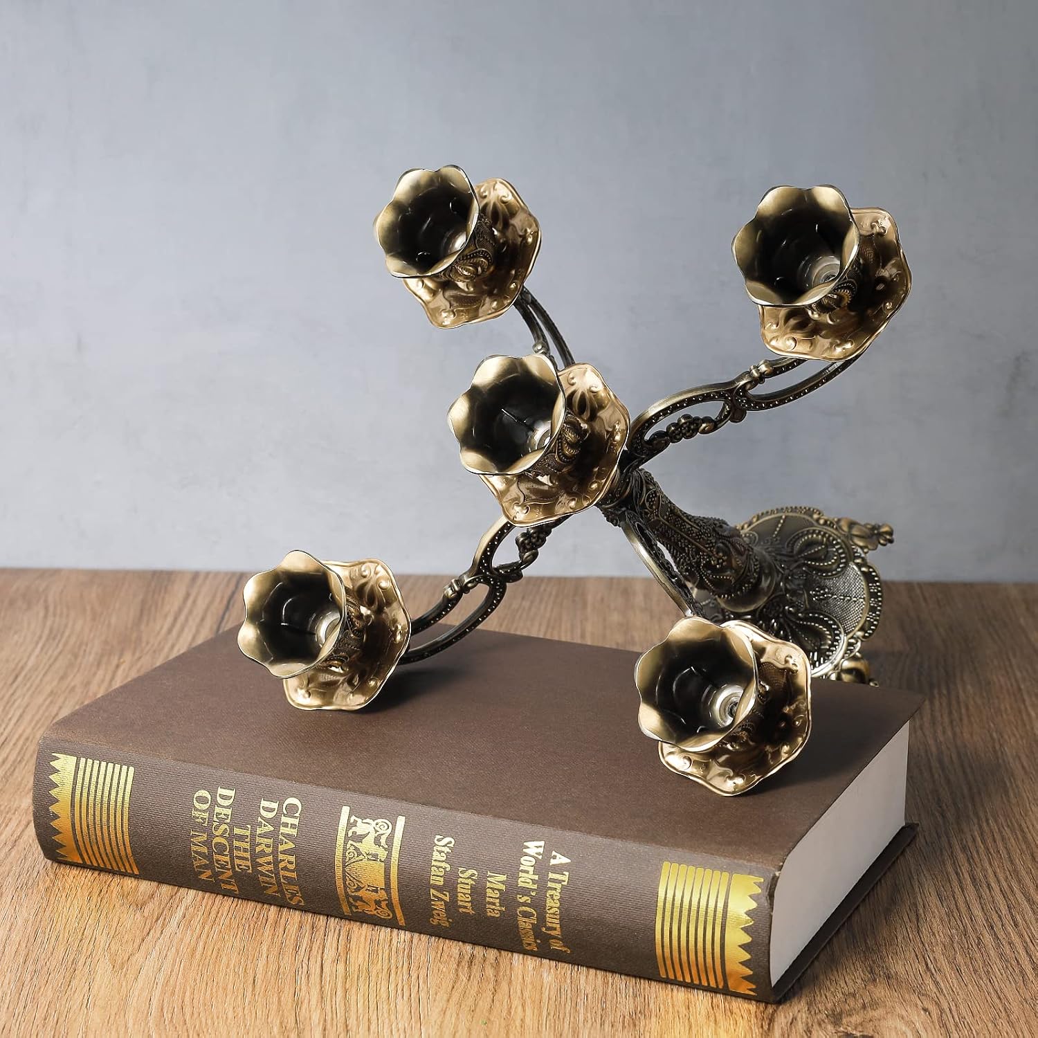 5-Candle Metal Candelabra 10.3 Inch Tall Candlestick Candle Holders for Home Decor Wedding Christmas Church Halloween Party,Bronze Tulip