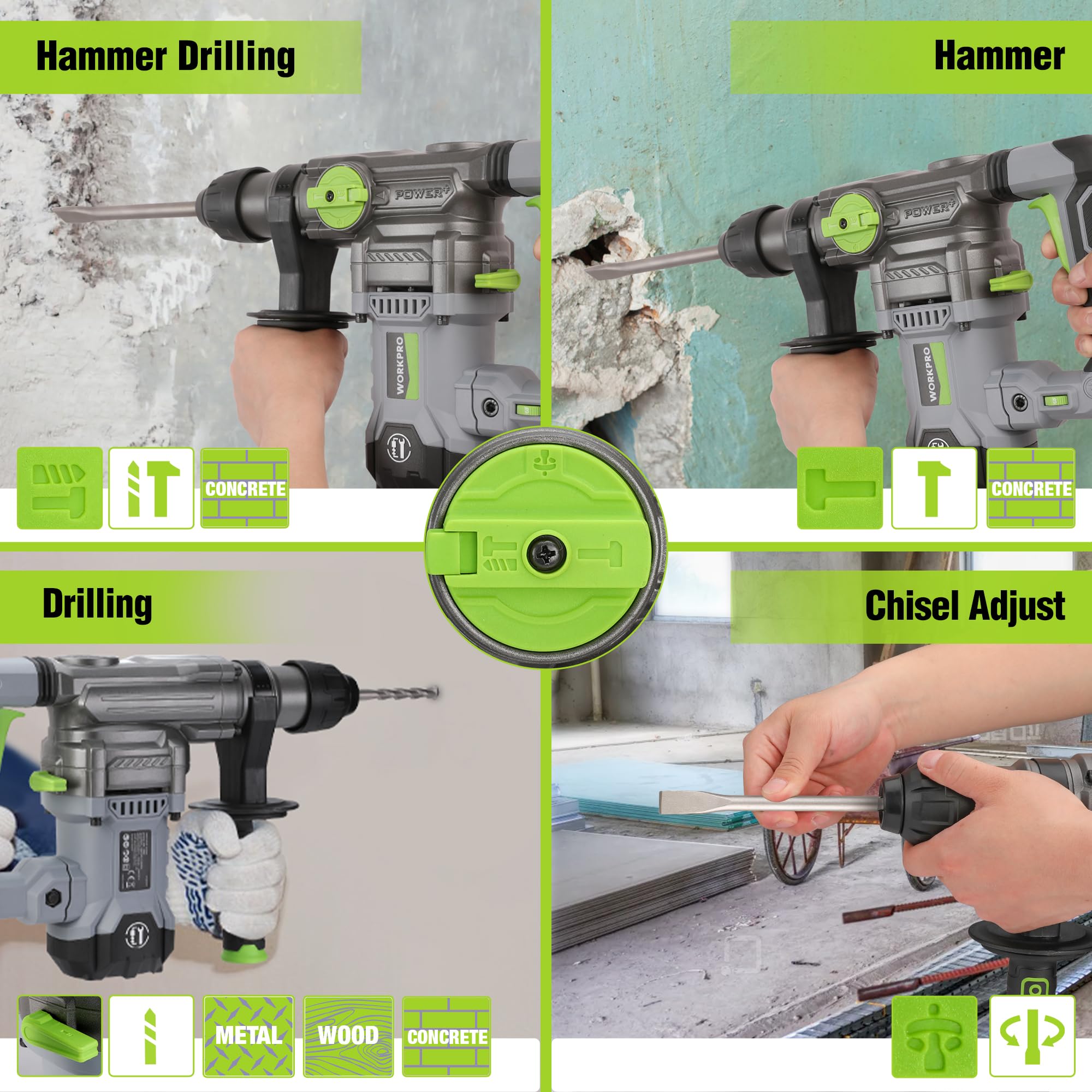 WORKPRO Martello Perforatore da 1500W, SDS Plus Mandrino, 4 Funzioni,0-930rpm,Accessori Ricchi, Adatti per la Decorazione della Casa e la Manutenzione delle Attrezzature ecc