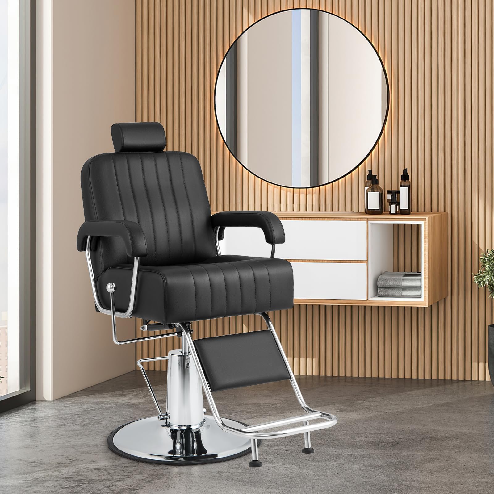 RELAX4LIFE Poltrona Parrucchiere, Sedia Barber 360° in Pelle PVC con Braccioli/Poggiapiedi, Schienale 100°-135°, Poggiatesta/Altezza Regolabile, Max 150KG per Salone (Nero, 106x60x(108-121) cm)