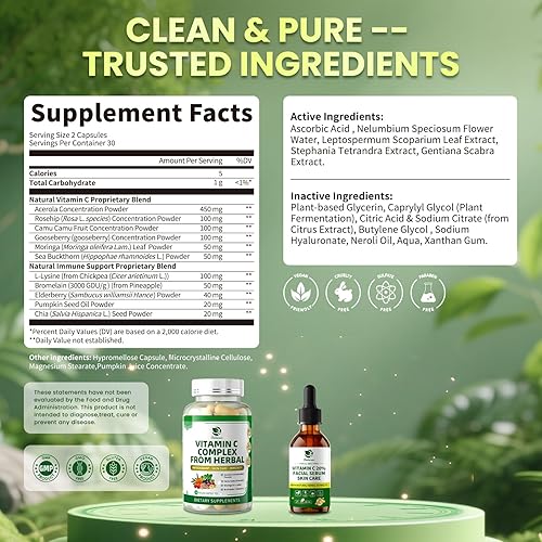 Miniatura 8 de Cápsulas de vitamina C y suero facial, apoyo para antioxidante y apoyo inmunológico, salud de la piel, vegano, sin azúcar, 1 onza + 60 cápsulas
