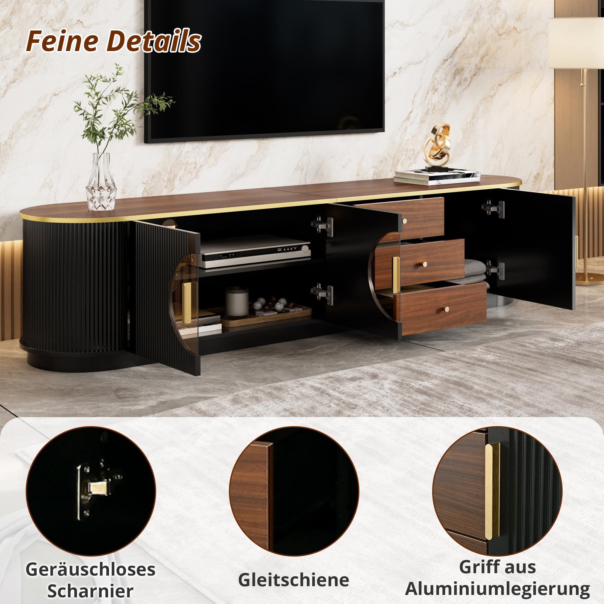 Luxusstil TV-Schrank, Lowboard, Braunes Glas, MDF-Korpus, Aluminiumgriffe, abgerundete Kanten, vertikale Rillenoptik