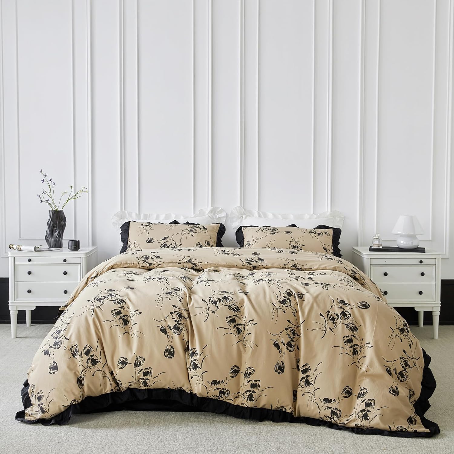 SUSYBAO Black Ruffled Duvet Cover King 100% Cotton 3 Pcs Set 1 Khaki Floral Duvet Cover with Zipper Ties 2 Pillow Shams Garden Vintage Flower Ruffled Bedding Set Soft King Floral Black Ruffle