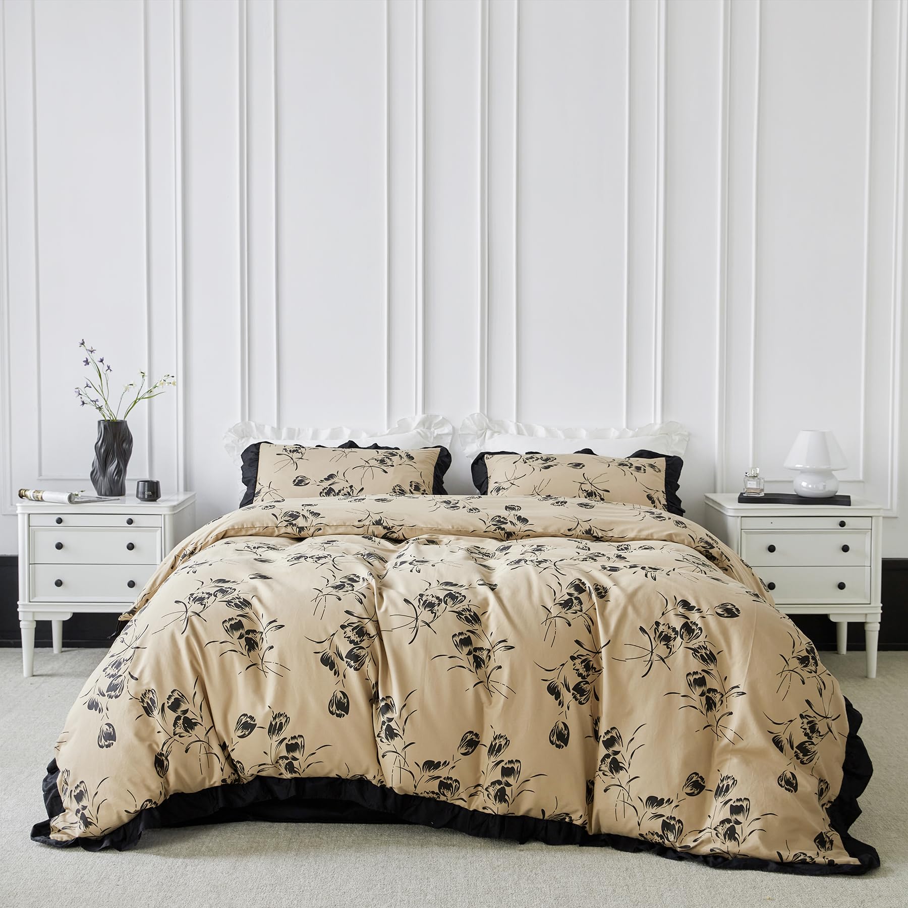 SUSYBAO Khaki Flower Duvet Cover King 100% Cotton 3 Pcs Set