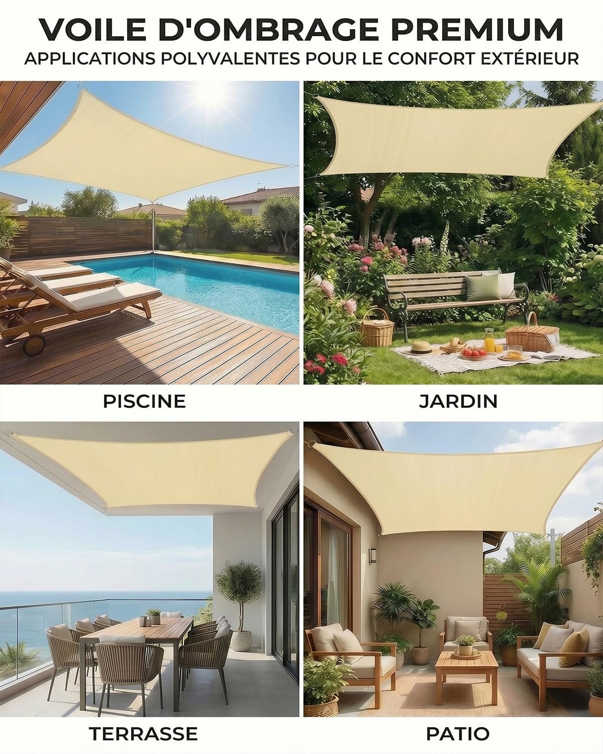 MOXTOYU Voile d'ombrage Imperméable Rectangulaire, Polyester PES avec 95% Protection UV, Résistant aux Intempéries et Durable, Toile Ombrage Exterieur pour Jardin, Extérieur - Crème - 3 x 4m