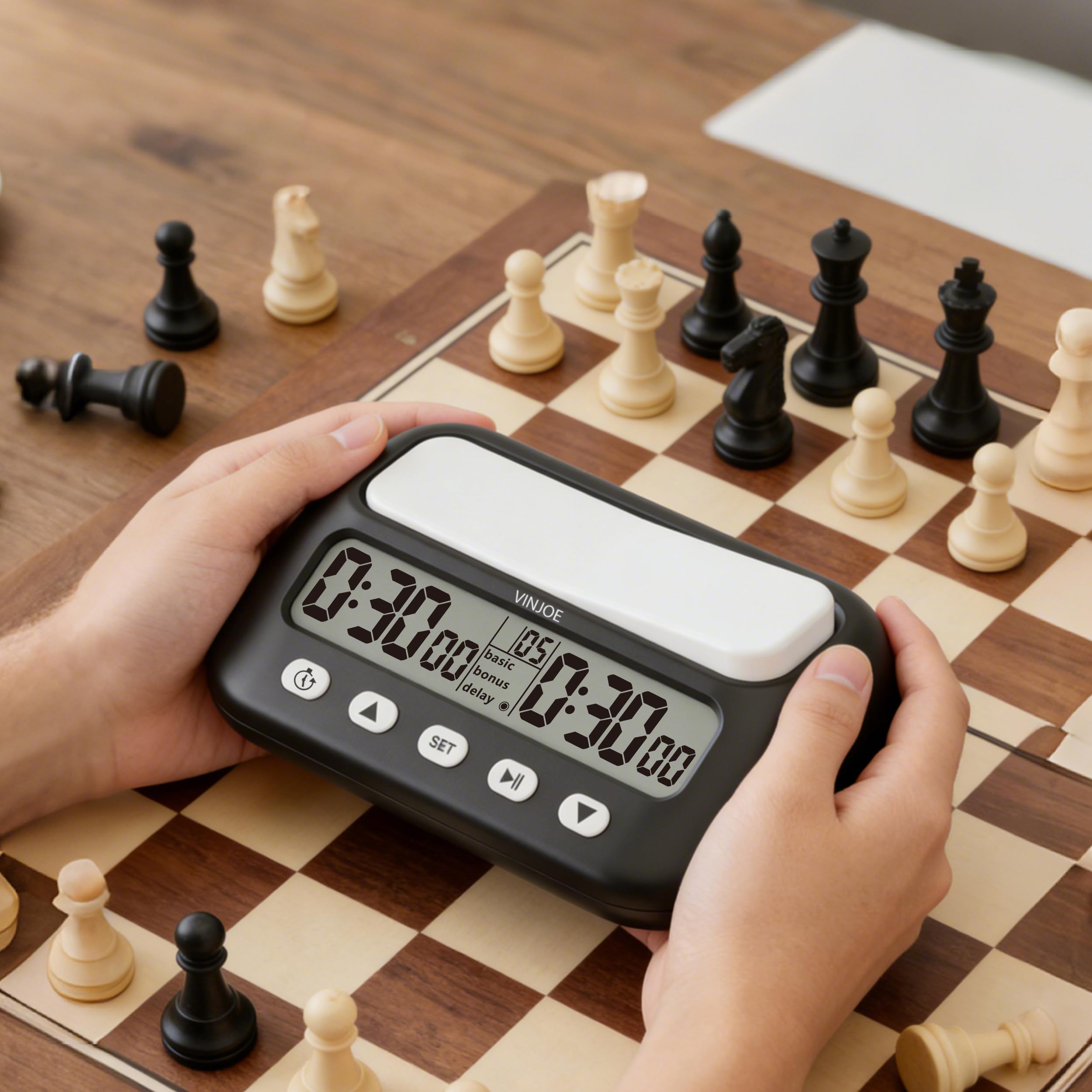 VINJOE Schachuhr, digitaler Schach-Timer, professionell für Brettspiele, tragbare digitale Schachuhr und Spiel-Timer mit Basic, Bonus, Verzögerung und positiver Zeit, beste Geschenke (ohne Batterie)