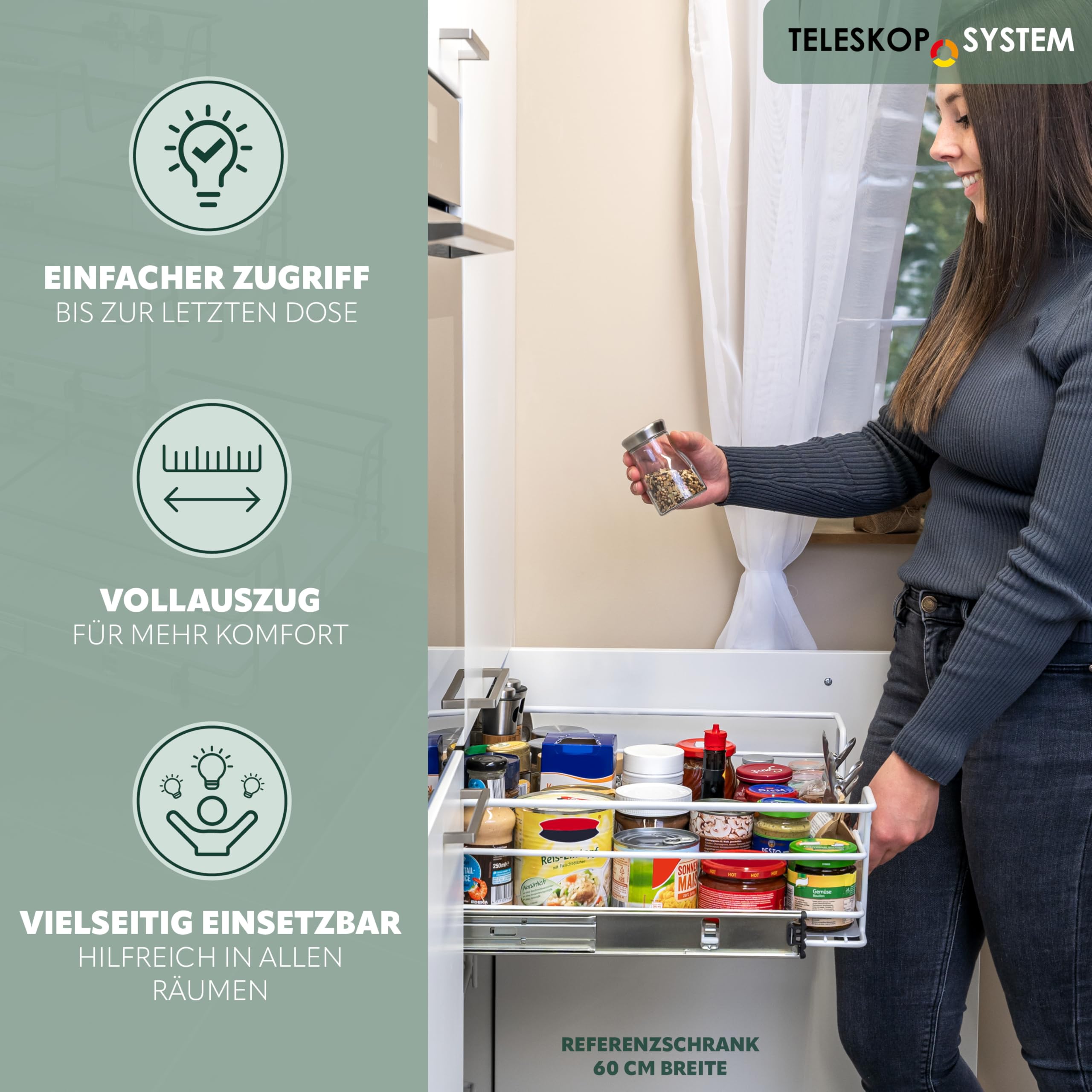 bremermann Teleskopschublade 40 cm mit Einlegeboden, Küchenschublade zum Nachrüsten, Vollauszug mit Teleskop-Schienen, Schrankauszug ideal für Küche, Bad & Schlafzimmer, aus Metall, weß