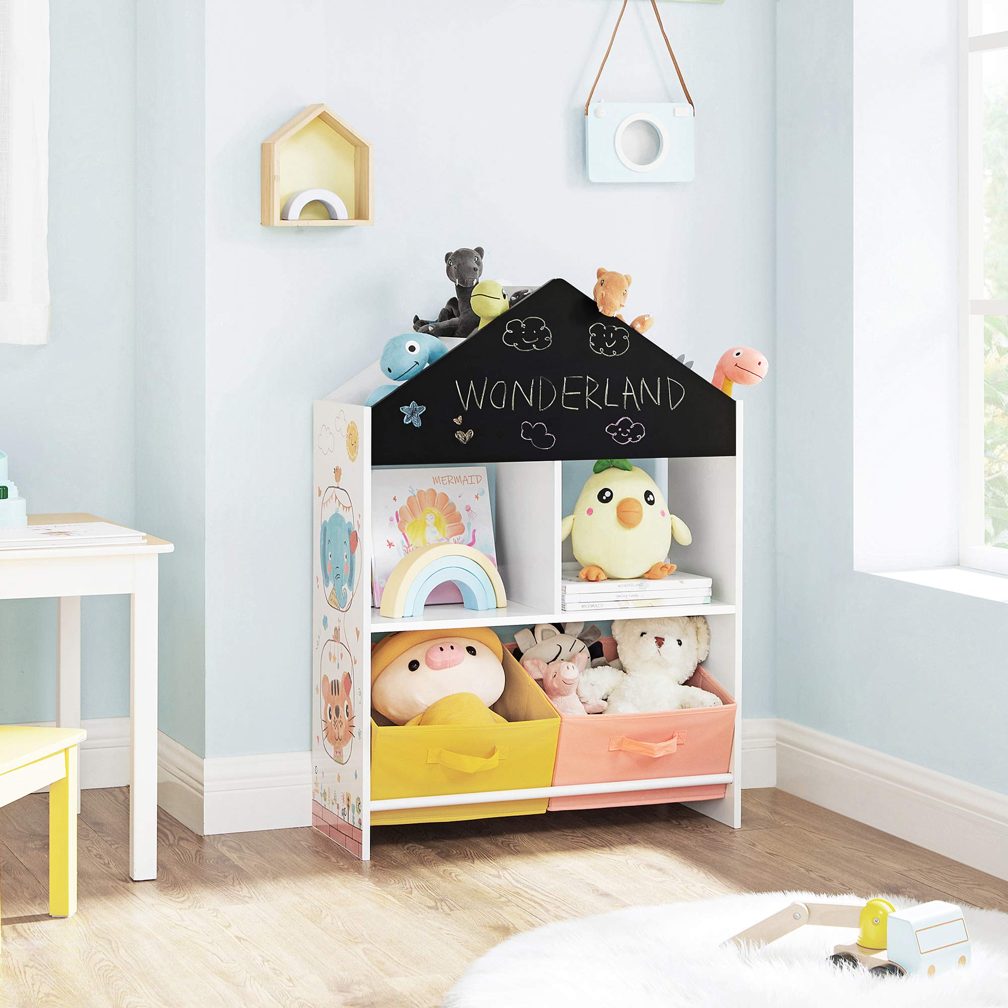 SONGMICS Estantería Infantil de Juguetes y Libros, Estantería para Niños, con Cajas, Estantes, para Habitación de los Niños, Sala de Juegos, Blanco, Negro, Naranja y Amarillo GKR320W01