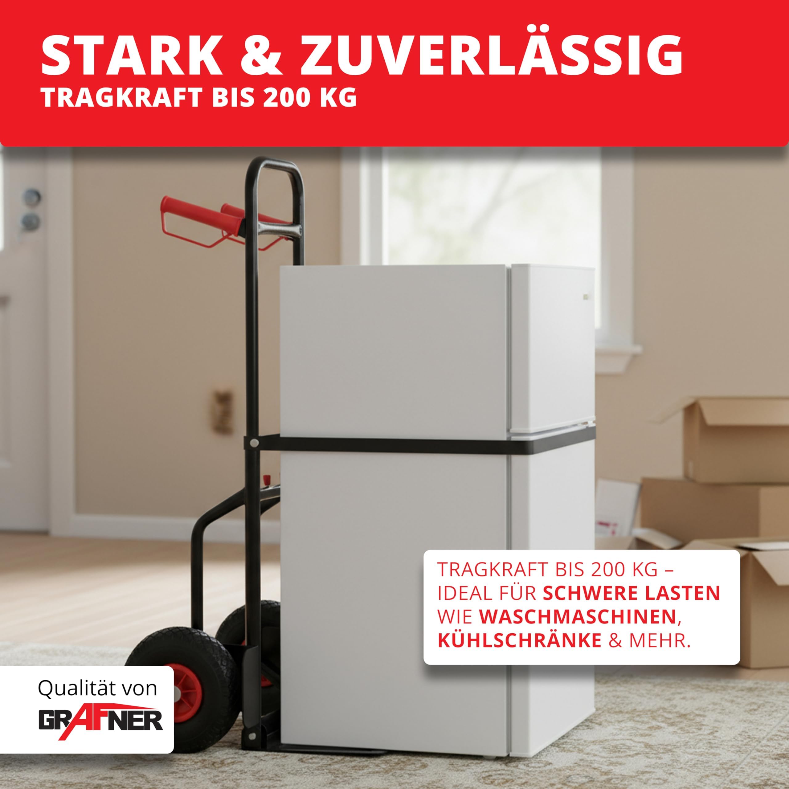 Grafner Sackkarre klappbar und ausziehbar, Belastbarkeit 200kg, Luftbereifung, Haltegriffe und Radschutz, solide Stahl-Ausführung, Stapelkarre Transportkarre Transportwagen