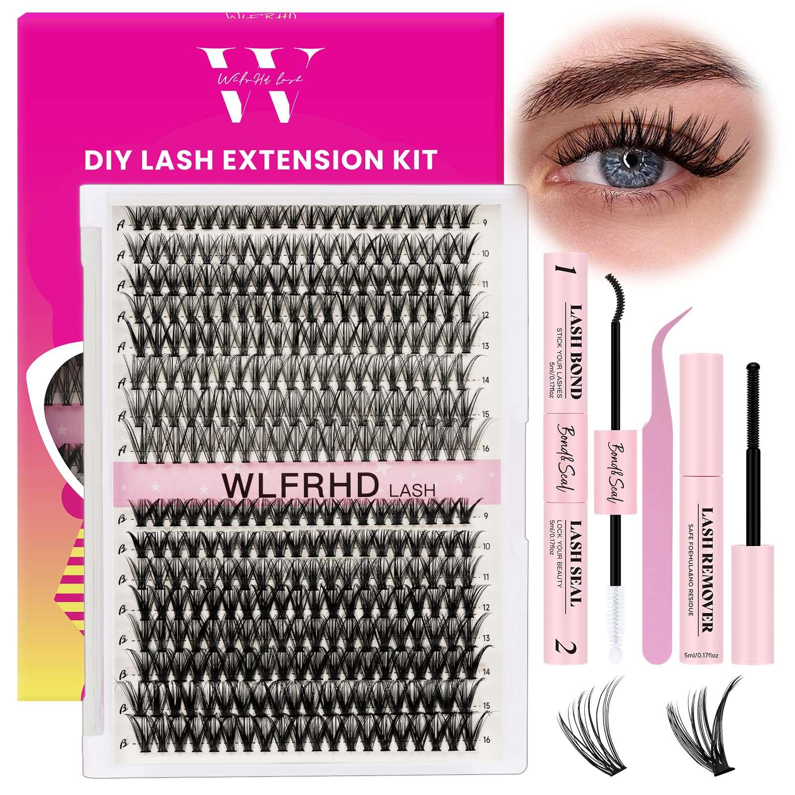 WLFRHD Lash Clusters Kit 320 Pcs D Curl DIY Natural Wispy Lashes Eyelashes Clusters Eyelash Extension Kit with