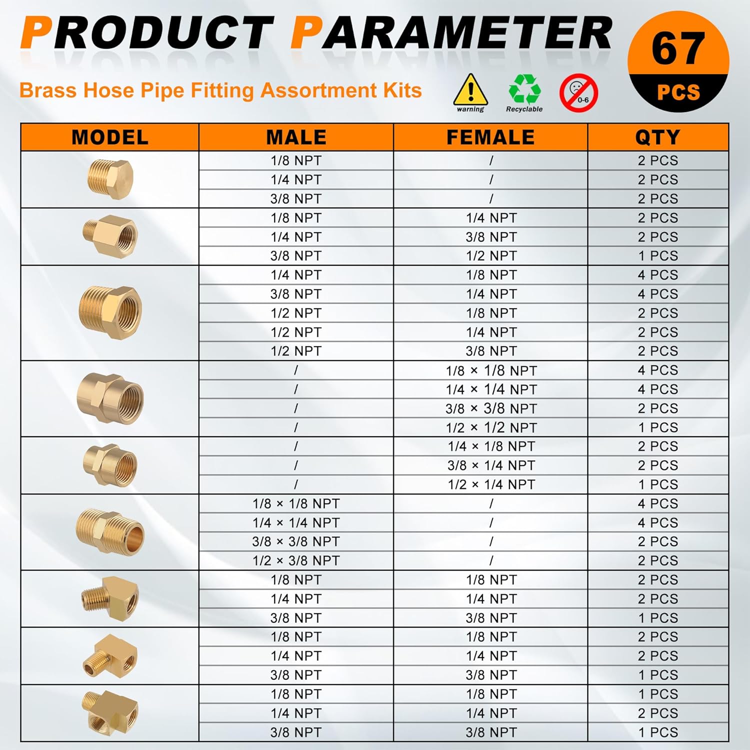 68PCS Brass Pipe Fitting & Adapters Assortment Kit, NPT Adapter, Hex Nipple,Hex Coupling, Hex Head Plug, Busing,Reducer Coupling, 45 Degree & 90 Degree Street Elbow, Male Run Tee