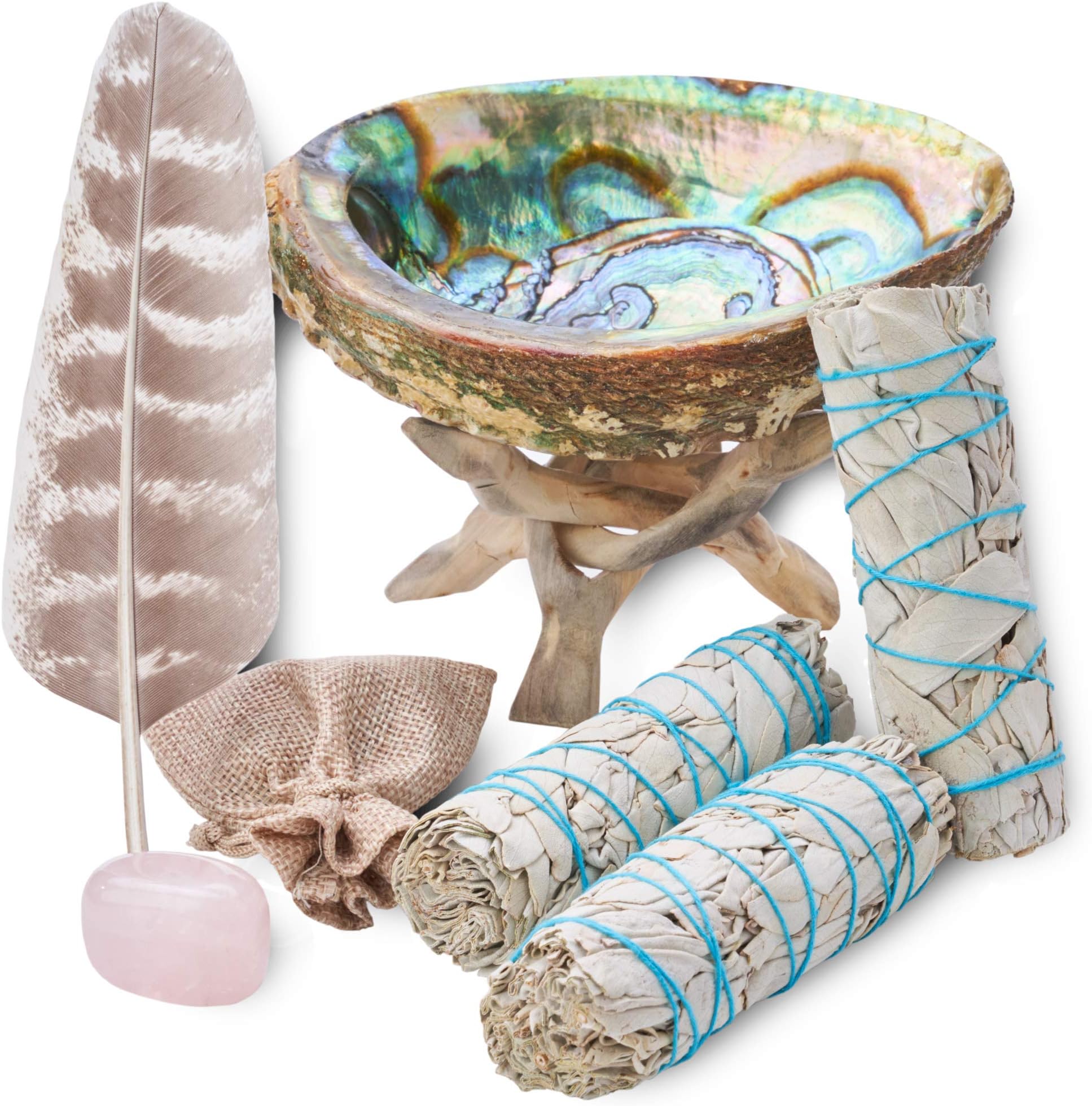 Sage Smudge Kit - White Sage Smudge Sticks Incense Sticks, Rose Quartz, Abalone Shell 5"+, Stand, Smudging Feather & Cleansing Guide (3 Sage)