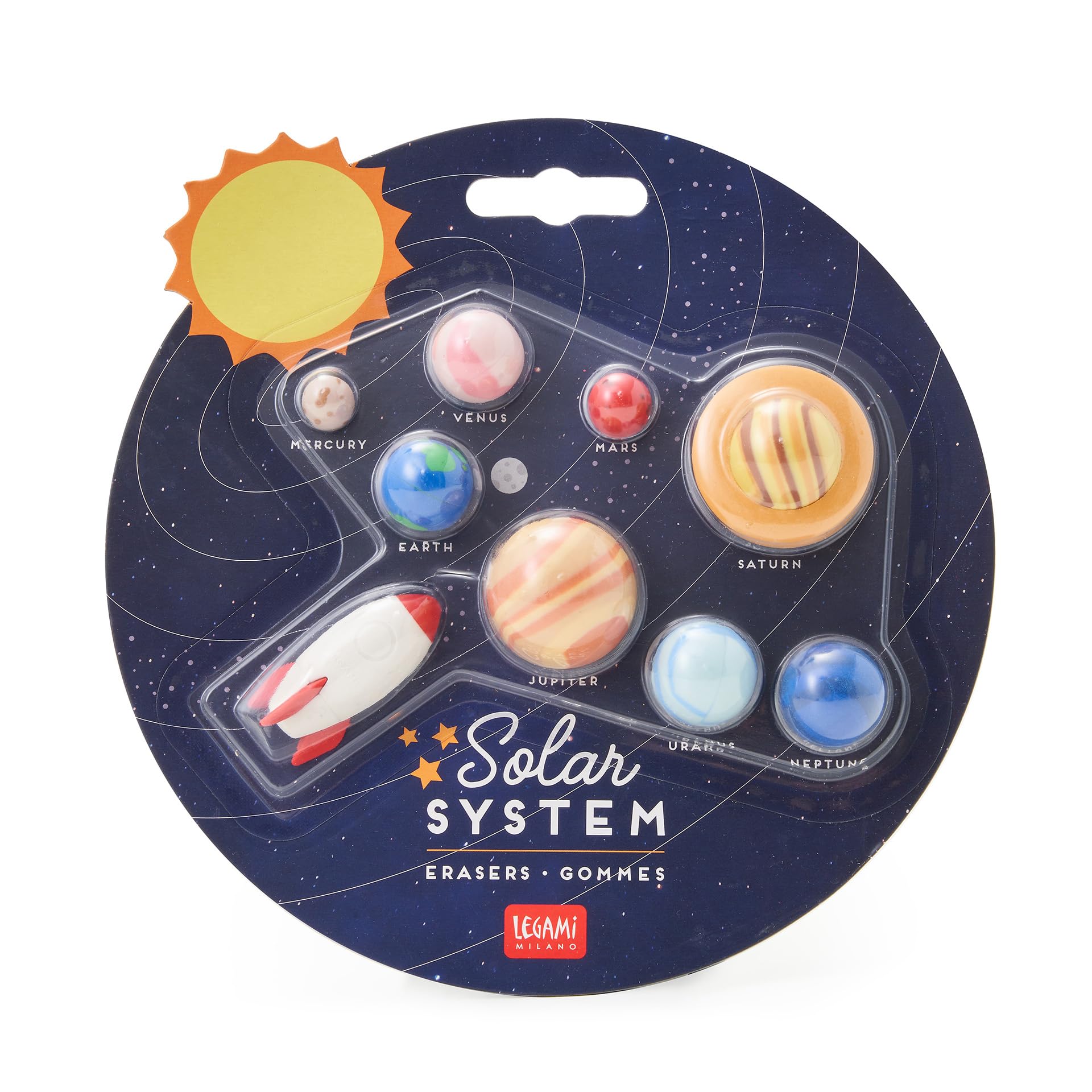 Legami Solar System Set di 9 Gomme 0,8x3,5 cm Gomme a Forma di Razzo Pianeti Sole