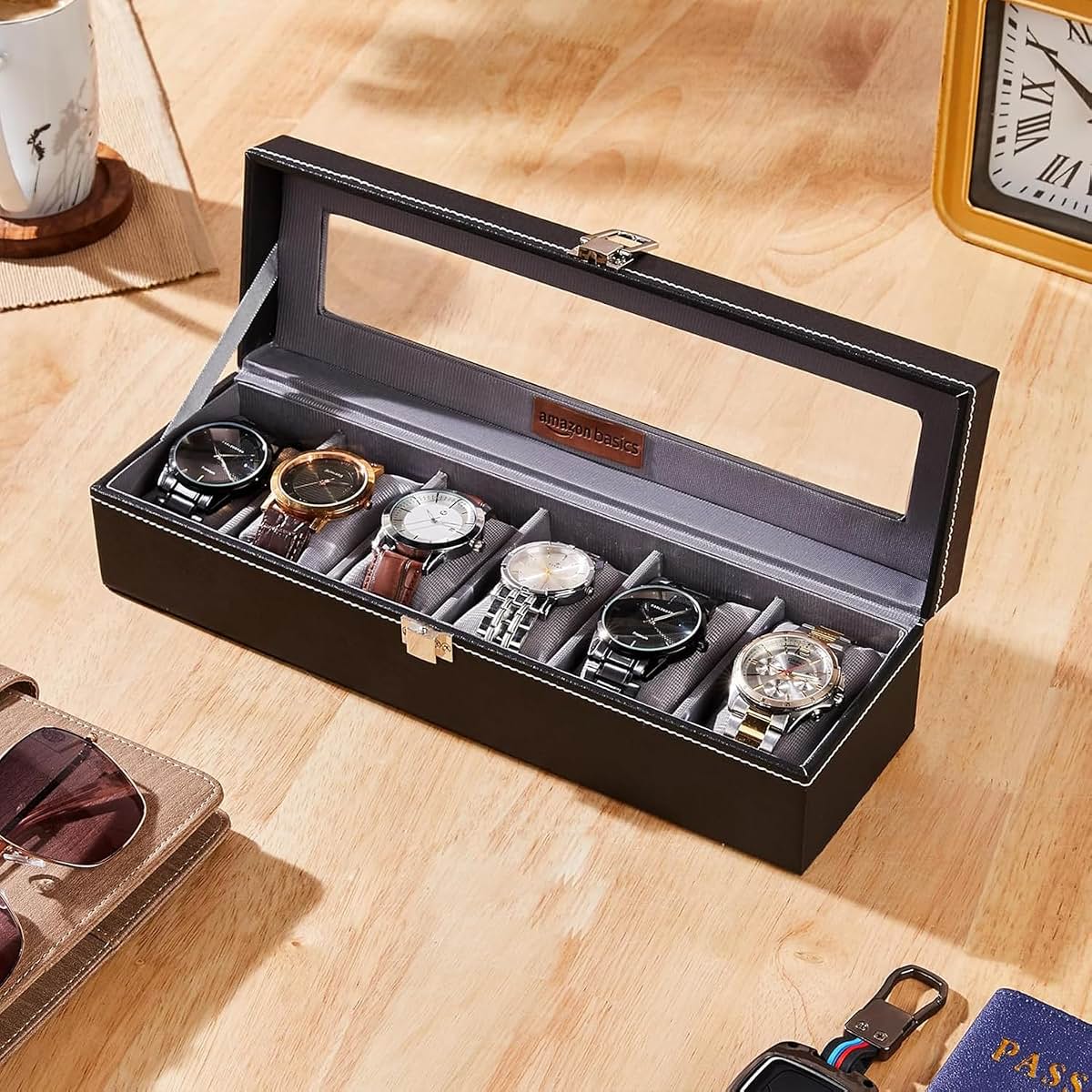 Black six-slot Amazon Basics watch organiser with transparent lid