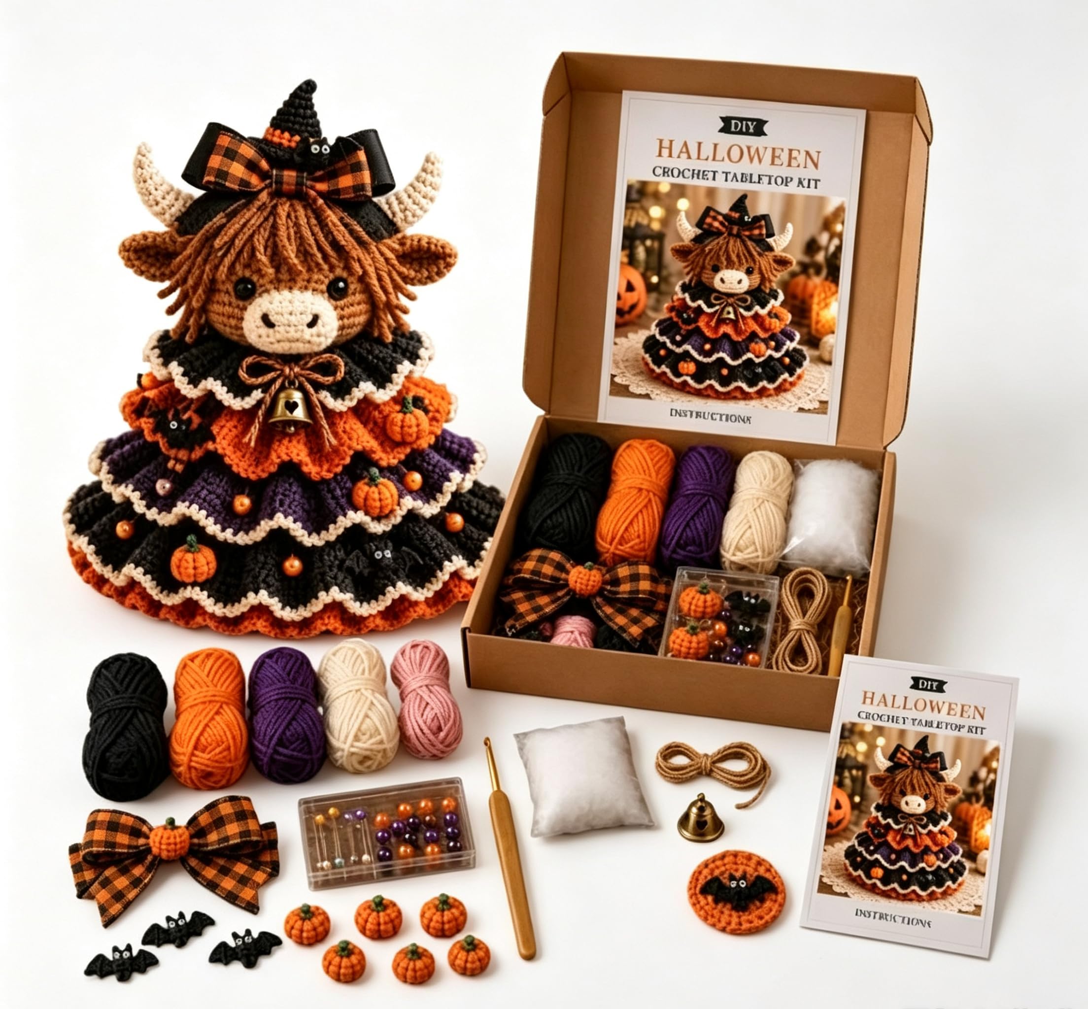 Halloween Crochet DIY Kit, Ghost Tiered Desktop Ornament (C)