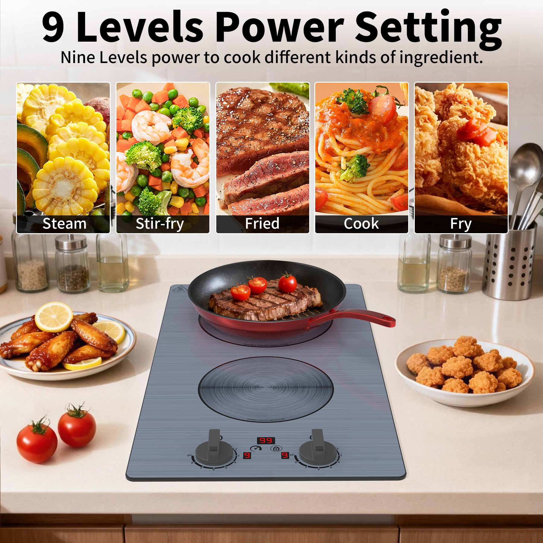 Vitroceramica Portatil 2000W, Cocina Eléctrica Portátil con 10 Niveles, Temporizador, Bloqueo de Seguridad, Controles Táctiles, Calefacción Rápida, Fácil Limpieza