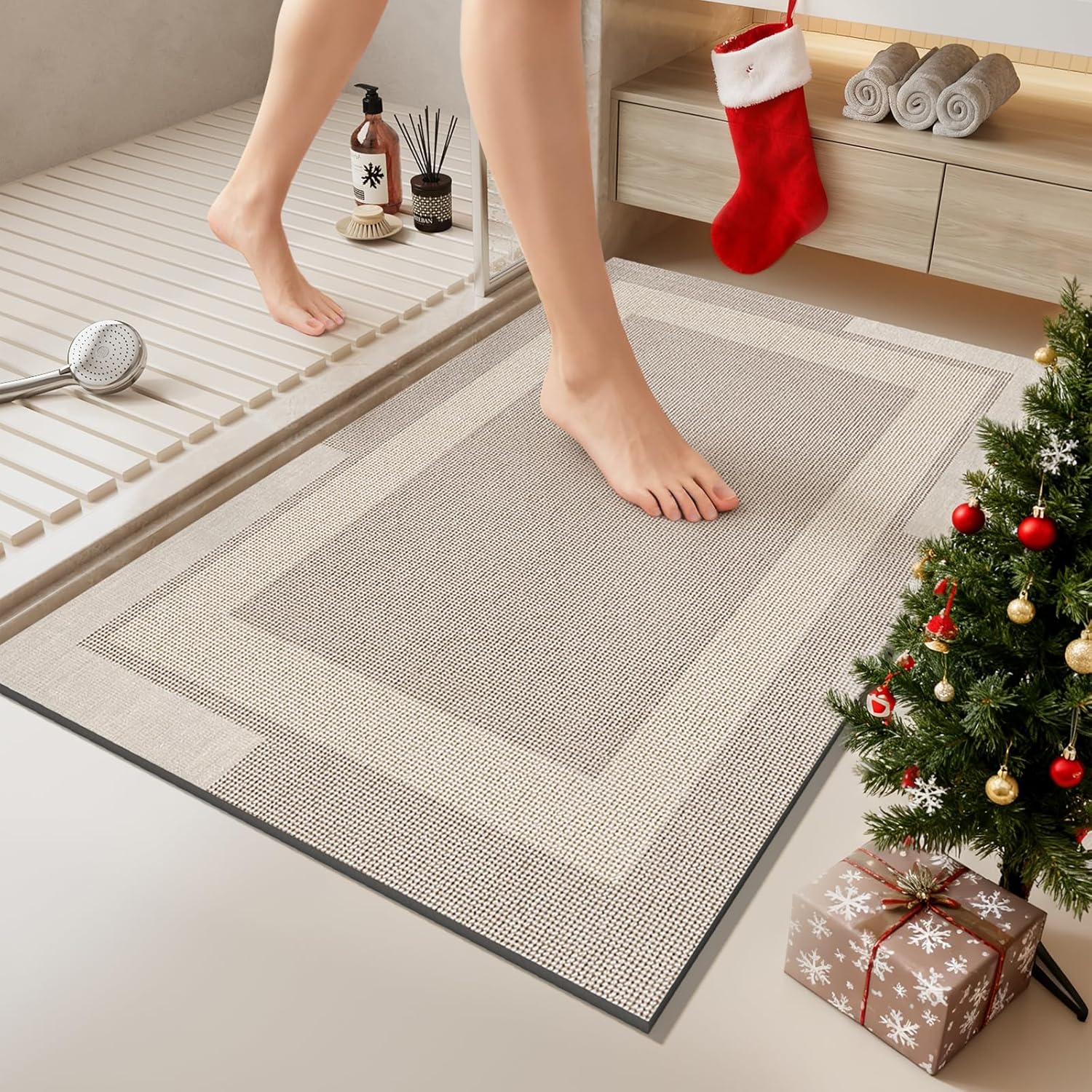 Non-Slip Bath Mat, Rubber Backing, Ultra Thin, Quick Dry, Super Absorbent, Washable, Beige, 16" x 24"