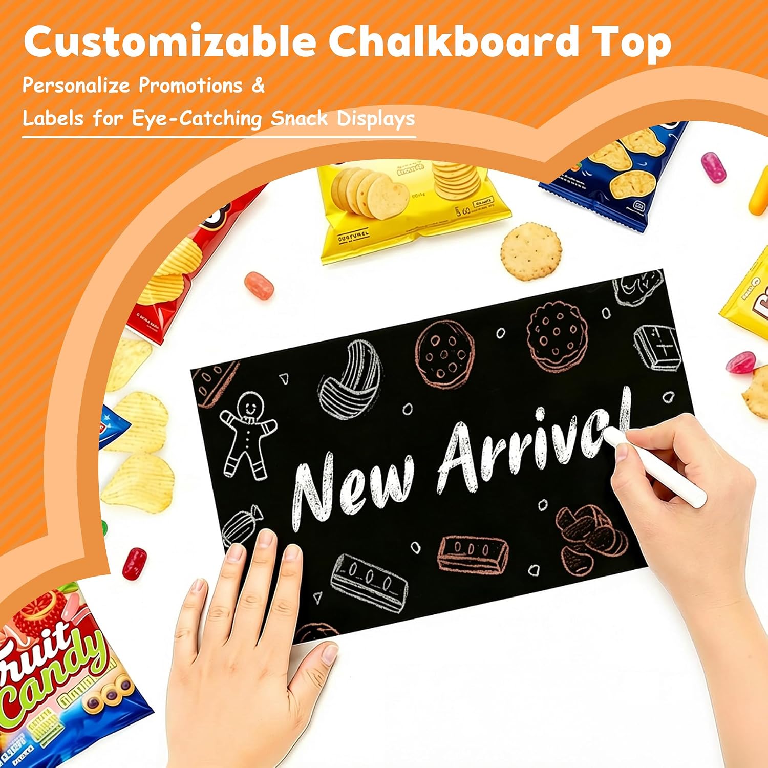 Chip Rack Display Stand, 5 Tiers 50 Clips Snack Organizer, 360°Rotating Wooden Base Chip Holder Display for Concession Stand, Countertop, Party, Retail, With Message Board