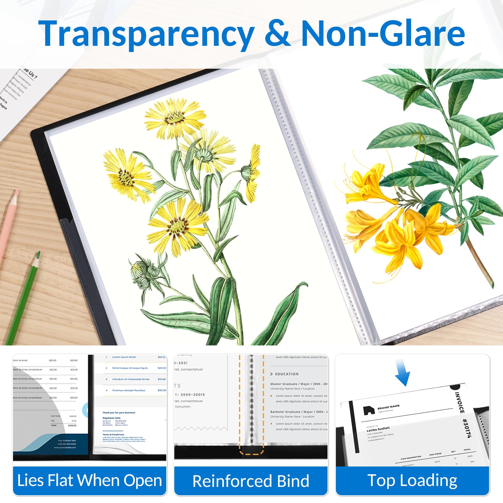 Sooez Art Portfolio 9"x12", 72 Pockets Large Portfolio Folder Display 144 Pages, Heavy Duty Binder with Plastic Sleeves&Elastic Band, Presentation Book with Clear Sheet Protector for Artwork Organizer