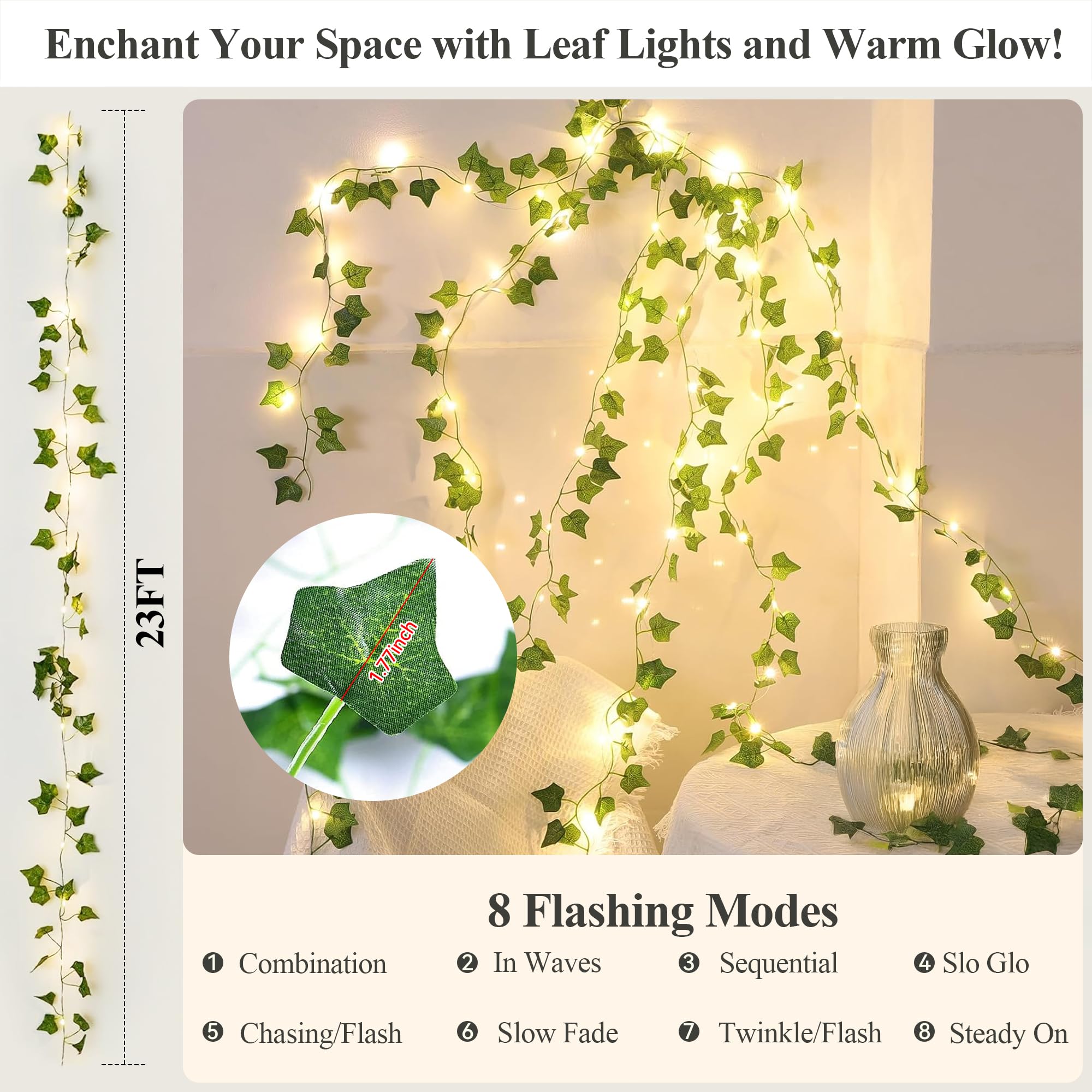 YOUNGAR Efeu-Ranken mit Lichterkette, Blatt-Lichterkette, batterie-/USB-betrieben, 73 LEDs, für Schlafzimmer, Wand, Zimmer, Hochzeit, Geburtstag, Garten, Party, Wanddekoration, Warmweiß