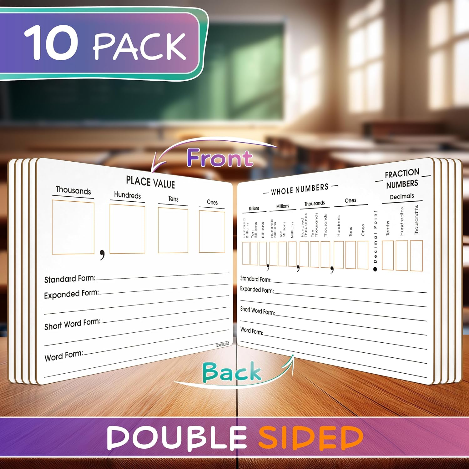 SCRIBBLEDO 10 Pack Place Value Board 9" x 12" Double Sided Dry Erase Boards for Kids for Teaching Place Values from Billions to Decimal Numbers Math Manipulative Lapboard for Teachers School Classroom