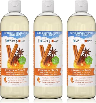 Natural Flower Power Liquid Dish Soap Citrus & Spice Plant-Based & Scented w/ Pure Essential Oils Natural Liquid Dishwashing Detergent Sulfate-Free Kitchen Soap Vegan 16 Fl Oz 3 Pack