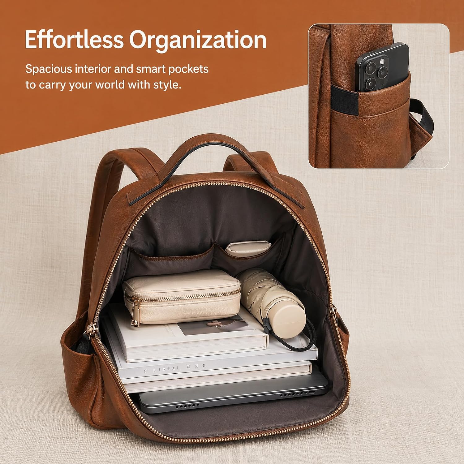Women Vintage PU Leather Convertible Rucksack, Multi-Pocket Casual Satchel and Shoulder Bag for Daily Work Travel,yellowish brown