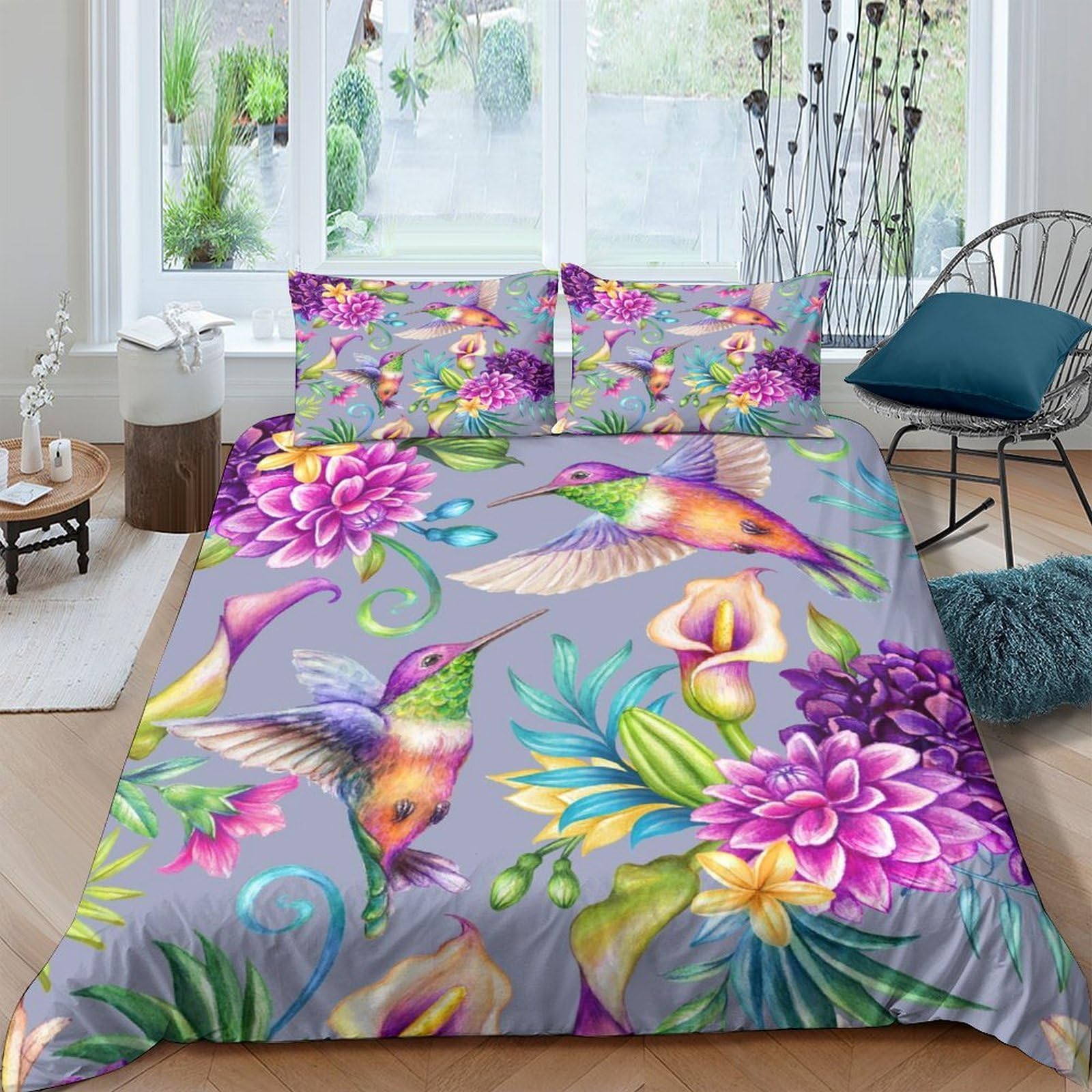 XFKLYNVCJ 3D Printed Hummingbirds floral Duvet Cover Brushed Microfiber Watercolor tropical Comforter Cover Stain Resistant Durable for Student Accommodation University Dorm Use King（220x240cm）