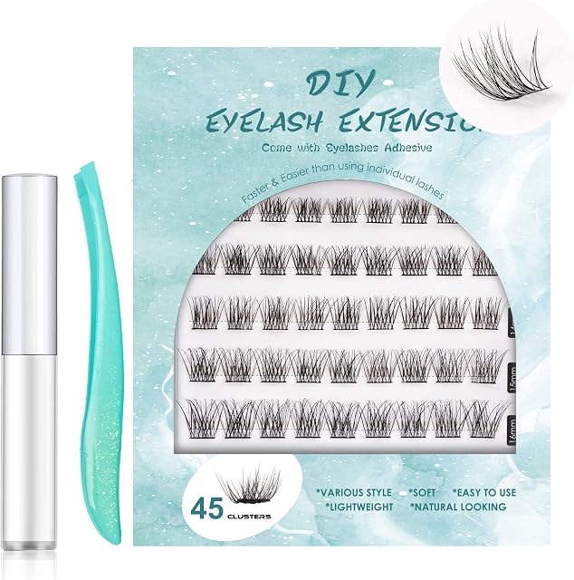 SISILILY Individual Lashes 45 Cluster Lashes C Curl DIY Eyelash Extension Kit at Home Reusable 3D False Eyelashes Natural with Eyelash Glue and Tweezer 10/12/14/15/16mm Length (DM04)