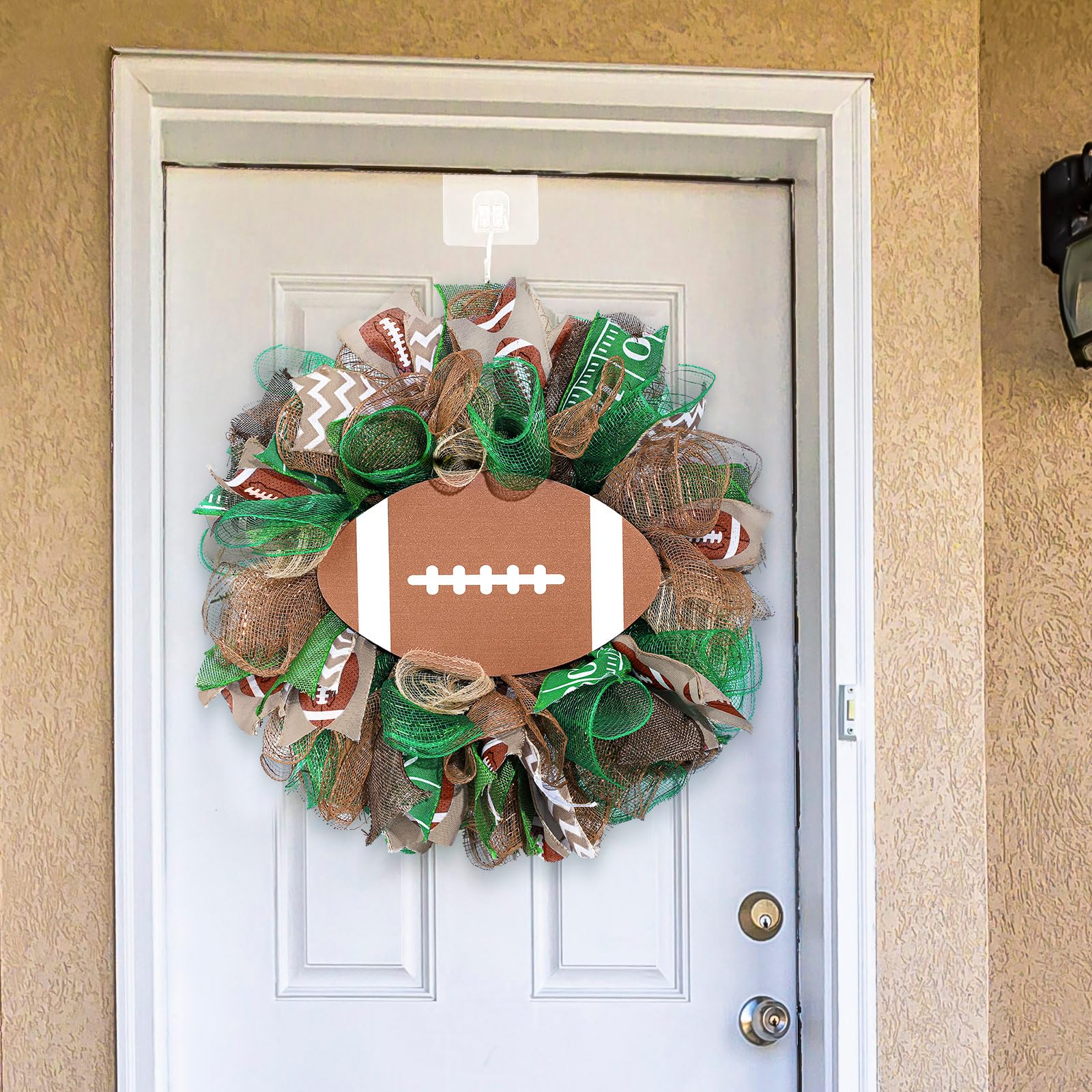 Riceshoot Football Wreath Football Game Day Wreath Sport Theme Front Door Hanging Decoration Green Fabric Linen Wreath for Football Birthday Football Gameday Tailgate Party Decorations