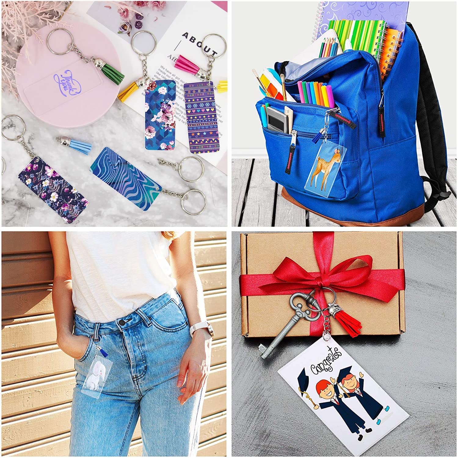 Set Portachiavi Acrilici Vuoti - 120 Pezzi, Con Catena E Nappe, Per Fai Da Te, 3x7cm - Foto 13