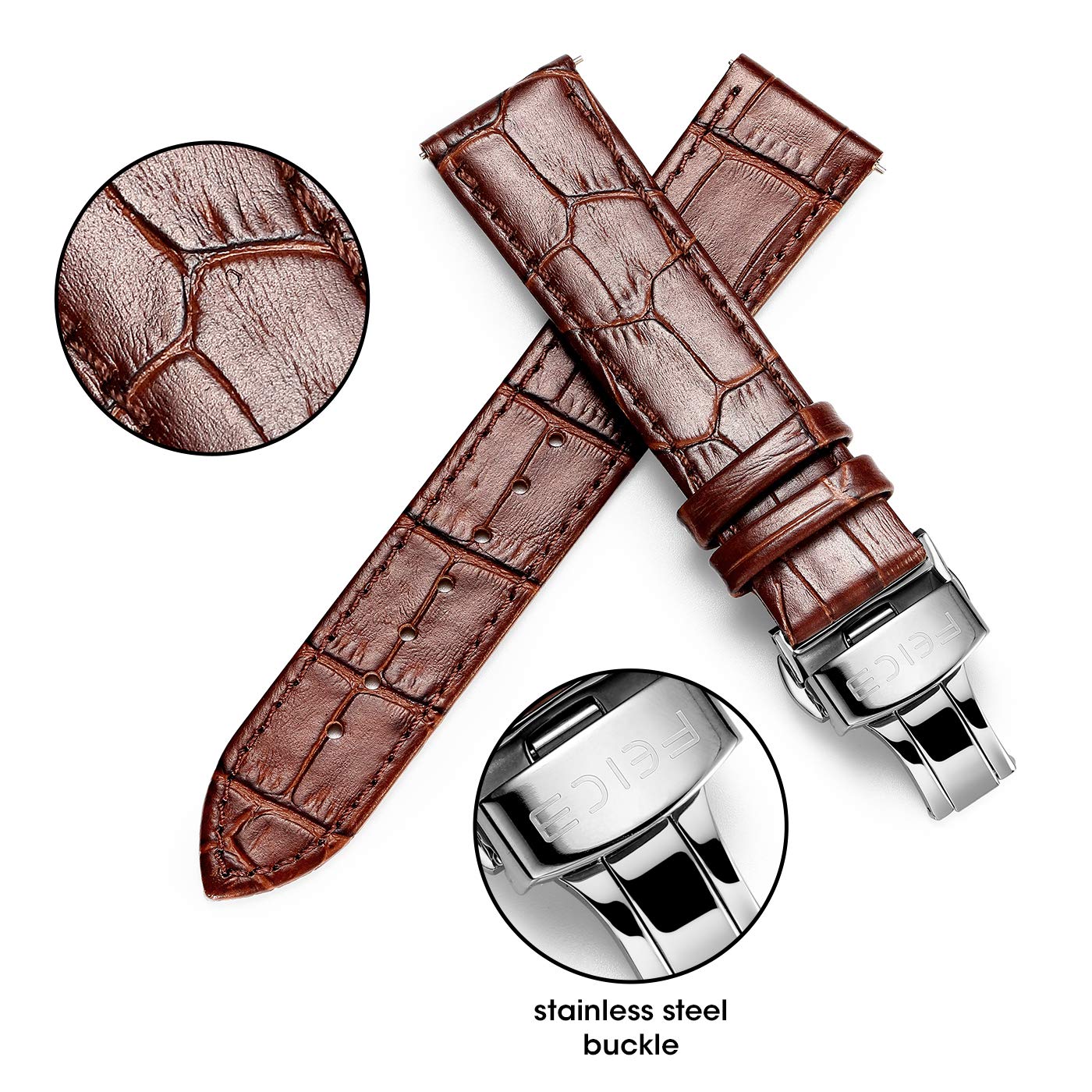 FEICE Lederarmbänder für Automatikuhr Faltschließe Uhrenarmband Klassisches Prägung Ersatz Armbänder (20mm, Braun)