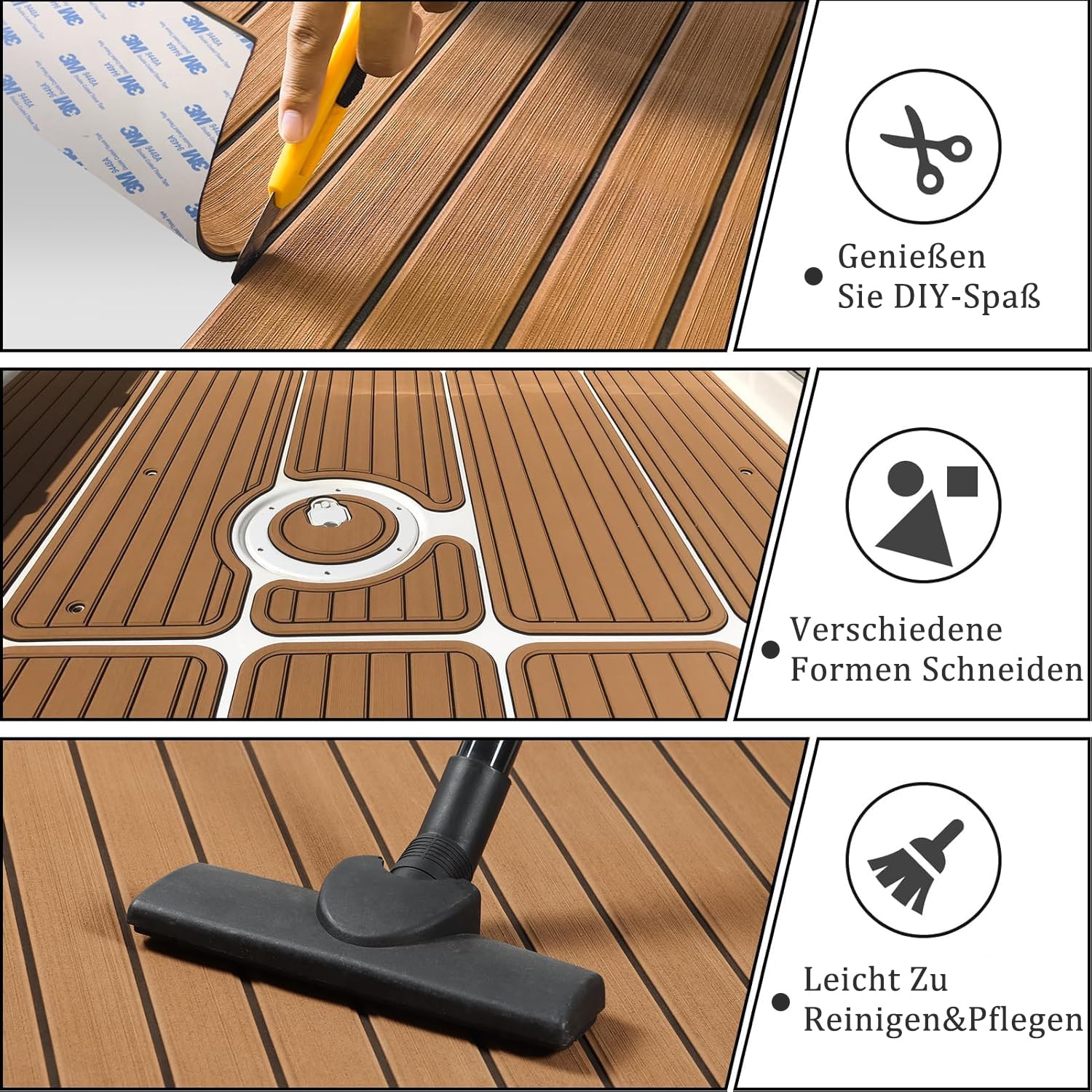 HXBYX Eva Schaum Boot Bodenbelag mit 3M Selbstklebende Unterstützung DIY Boote Decking Marine Blatt Faux Teak Material, rutschfeste Kühler Pads für Kajak Yacht SwimPool RV 240X112cm/240X79cm/240X41cm