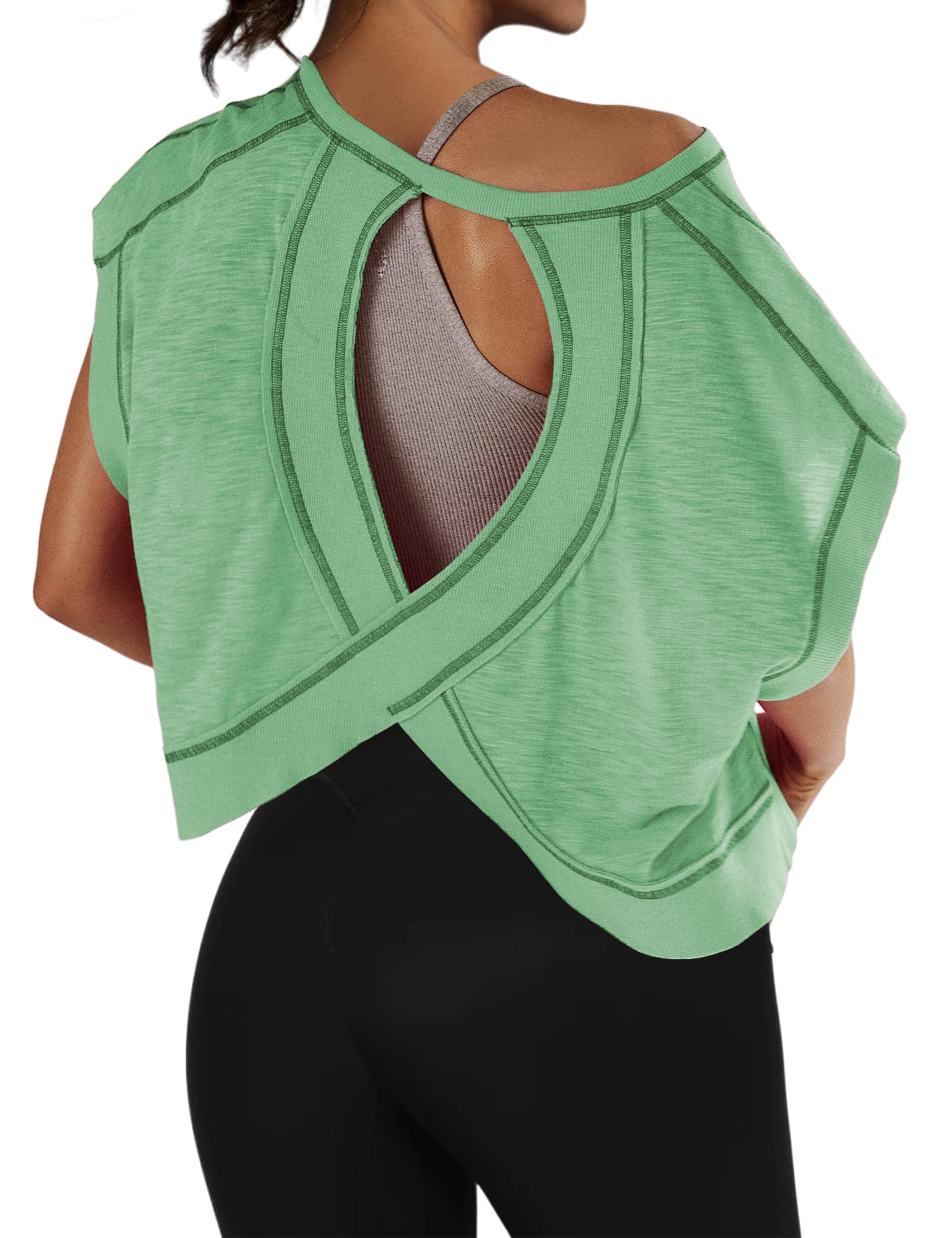 Sujama Women Oversized Open Back Short Sleeve Workout Crop Tops Backless Yoga Shirts Casual Loose Fit Athletic Tee Top 2024 Mint Green